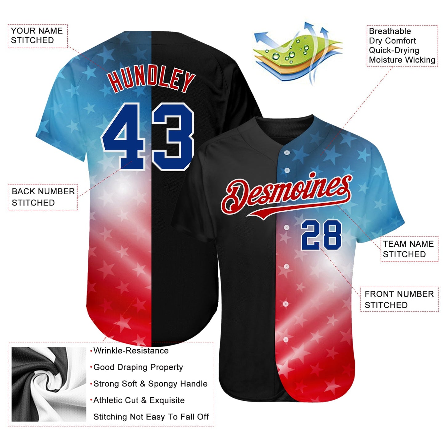 Custom Black Royal-Red 3D American Flag Fashion Authentic Baseball Jersey view 3