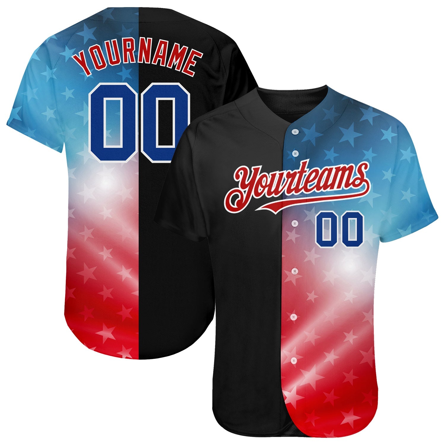 Custom Black Royal-Red 3D American Flag Fashion Authentic Baseball Jersey - Main View
