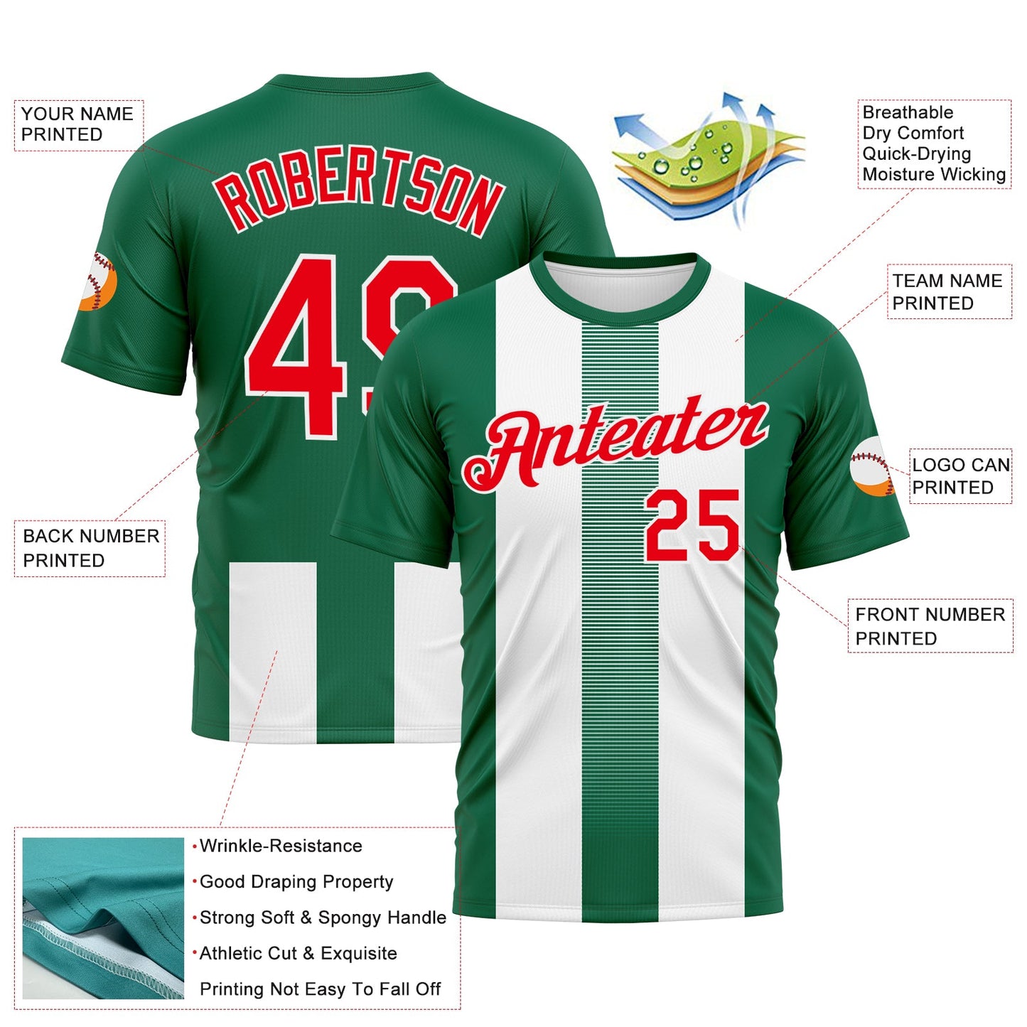 Custom Kelly Green Fire Red-White Vertical Stripe Vintage Style Performance T-Shirt view 2