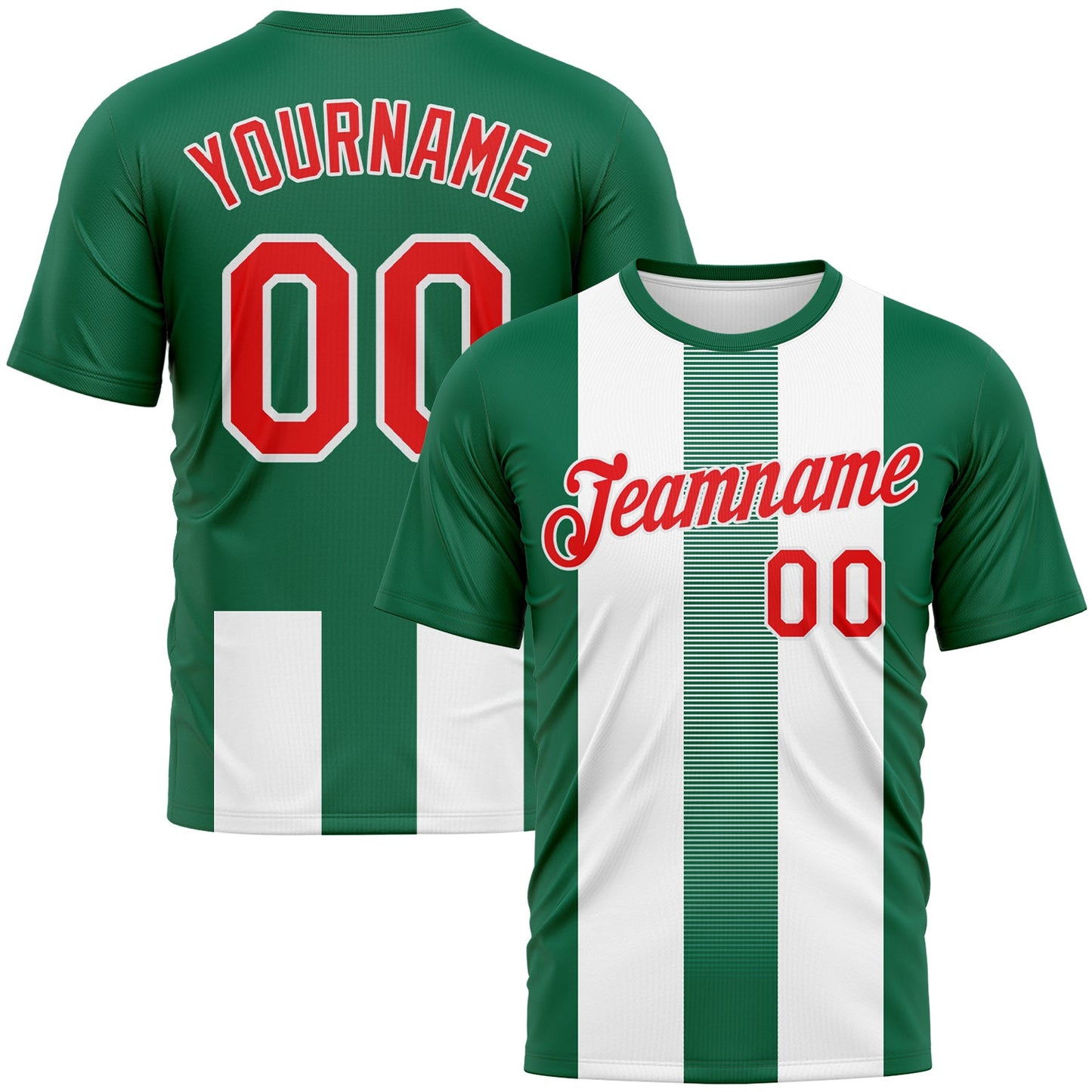Custom Kelly Green Fire Red-White Vertical Stripe Vintage Style Performance T-Shirt - Main View
