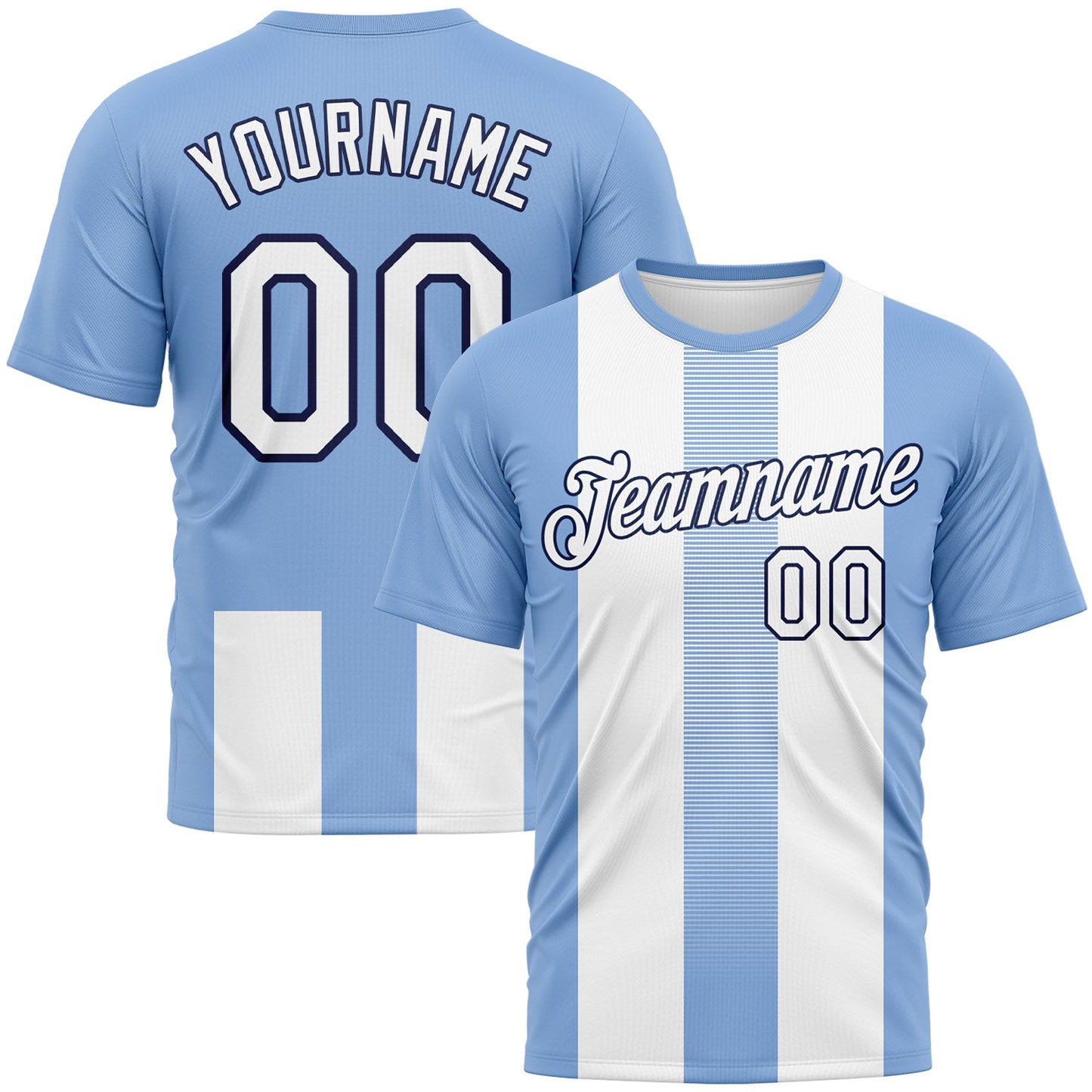 Custom Light Blue White-Navy Vertical Stripe Vintage Style Performance T-Shirt - Main View