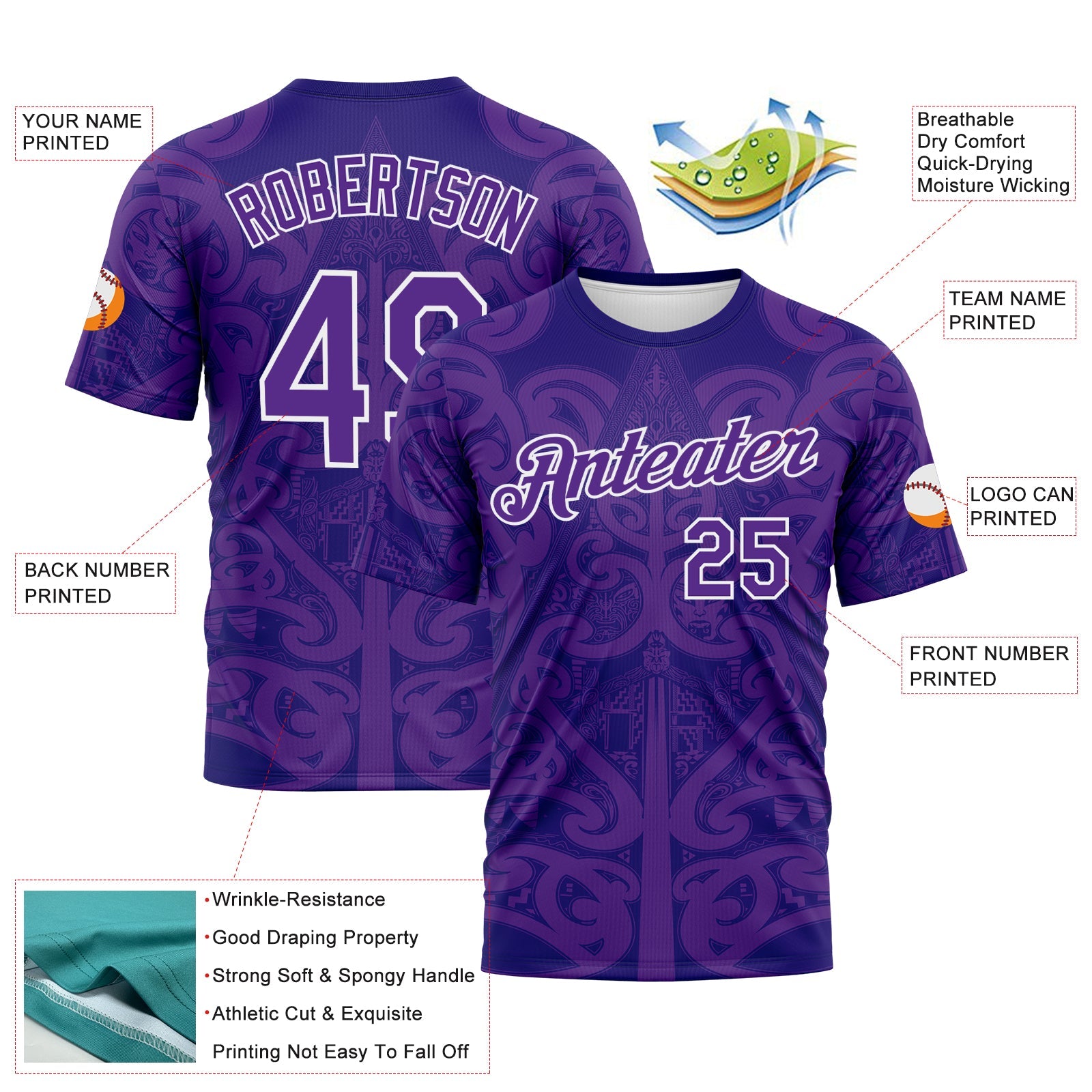 Custom Dark Purple Purple-White Maori Tribal Tattoo Performance T-Shirt view 2