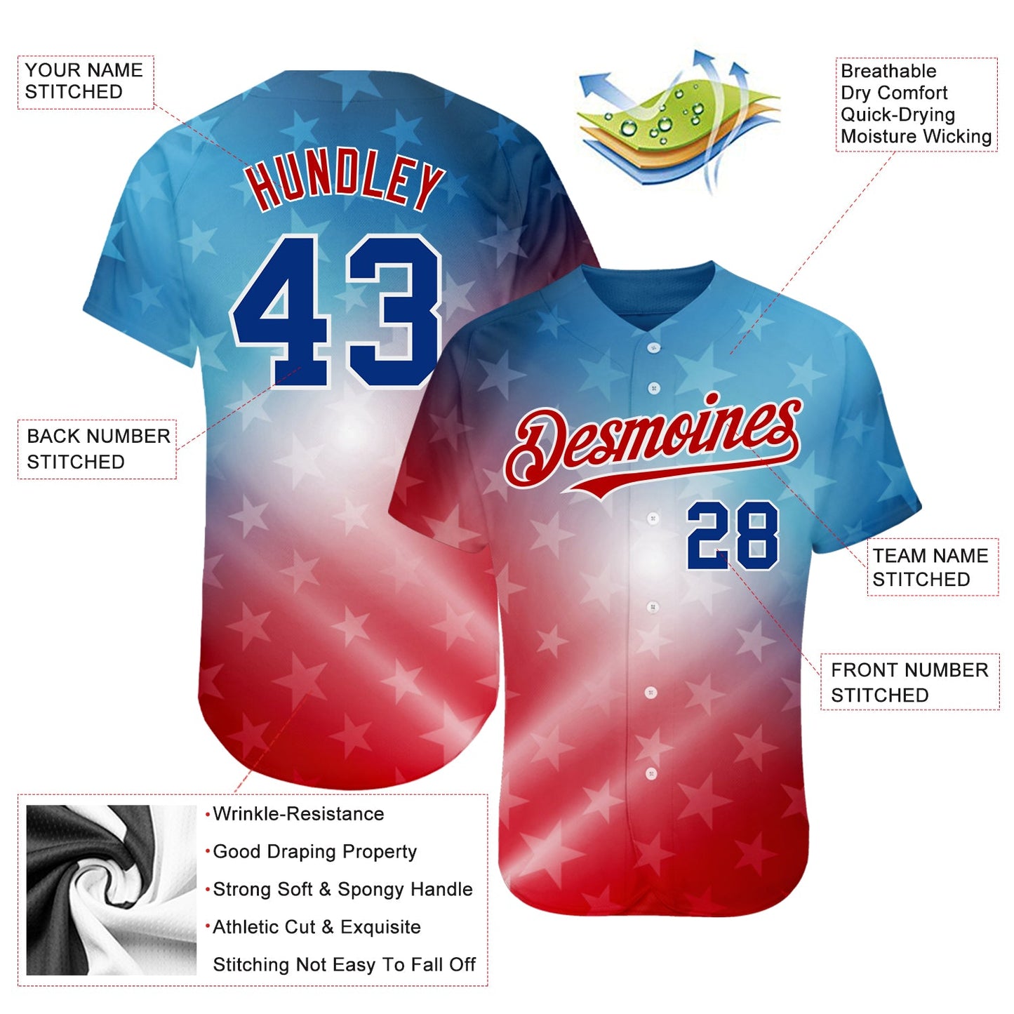 Custom Red Royal-Black 3D American Flag Fashion Authentic Baseball Jersey view 3