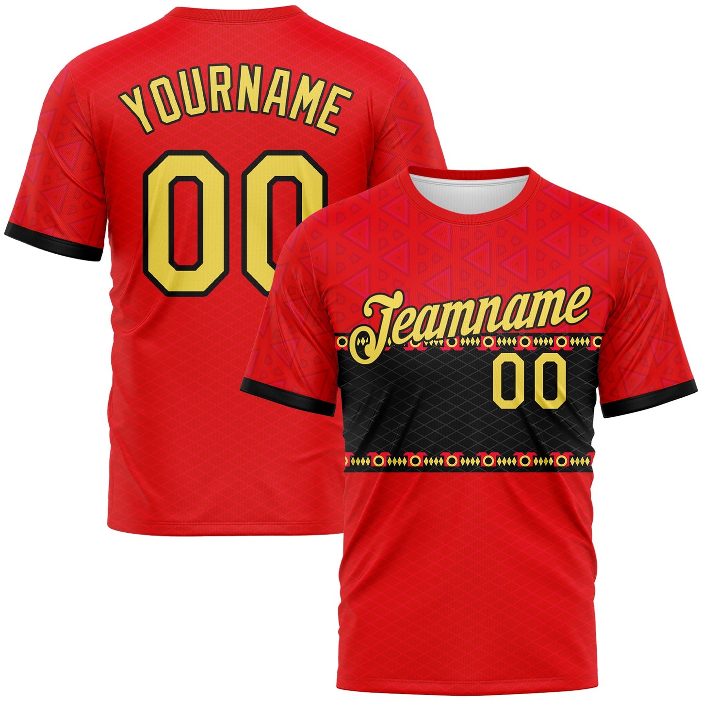 Custom Fire Red Yellow-Black Geometric Tribal Motif Performance T-Shirt - Main View