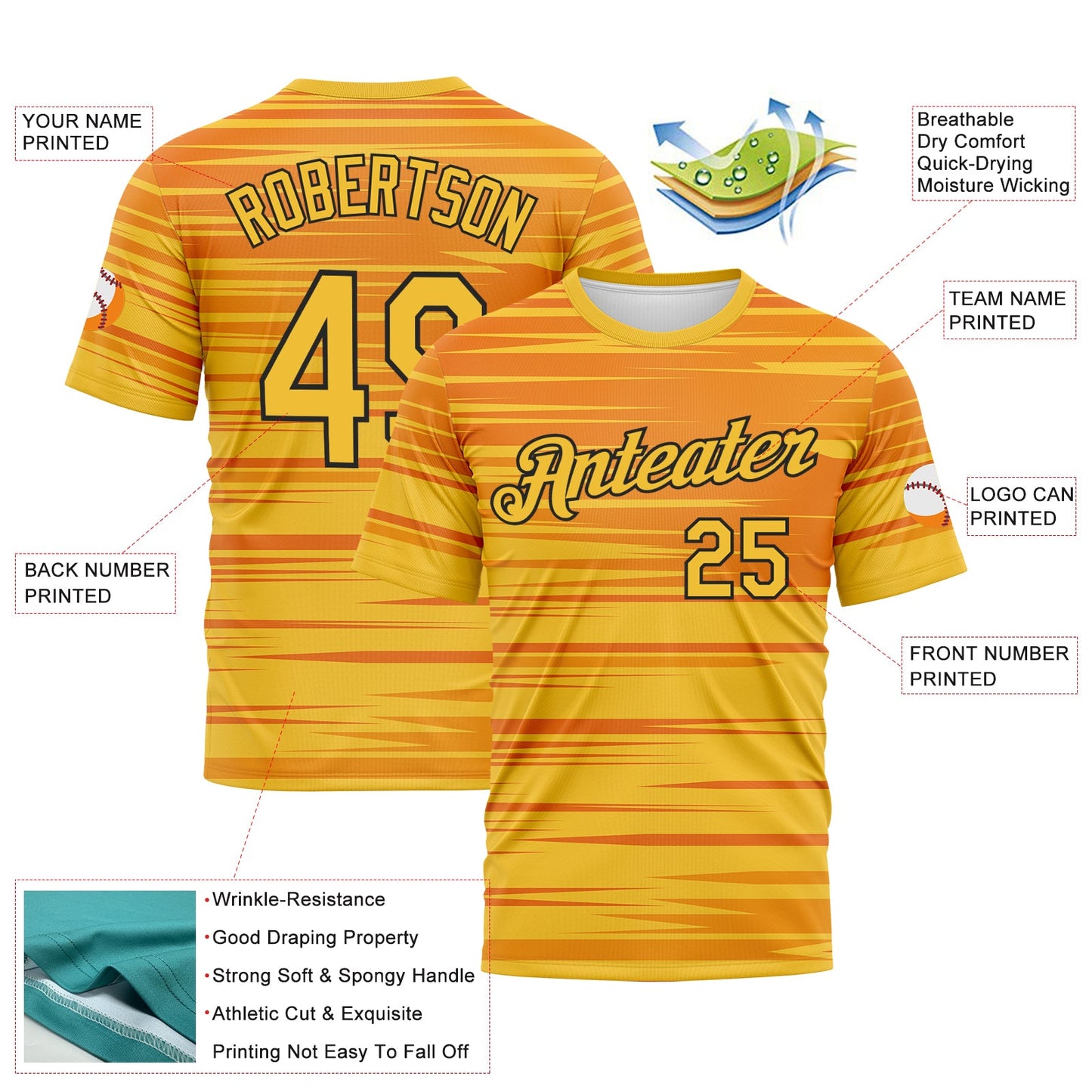 Custom Bay Orange Gold-Black Dynamic Lineal Stripe Gradient Performance T-Shirt view 2