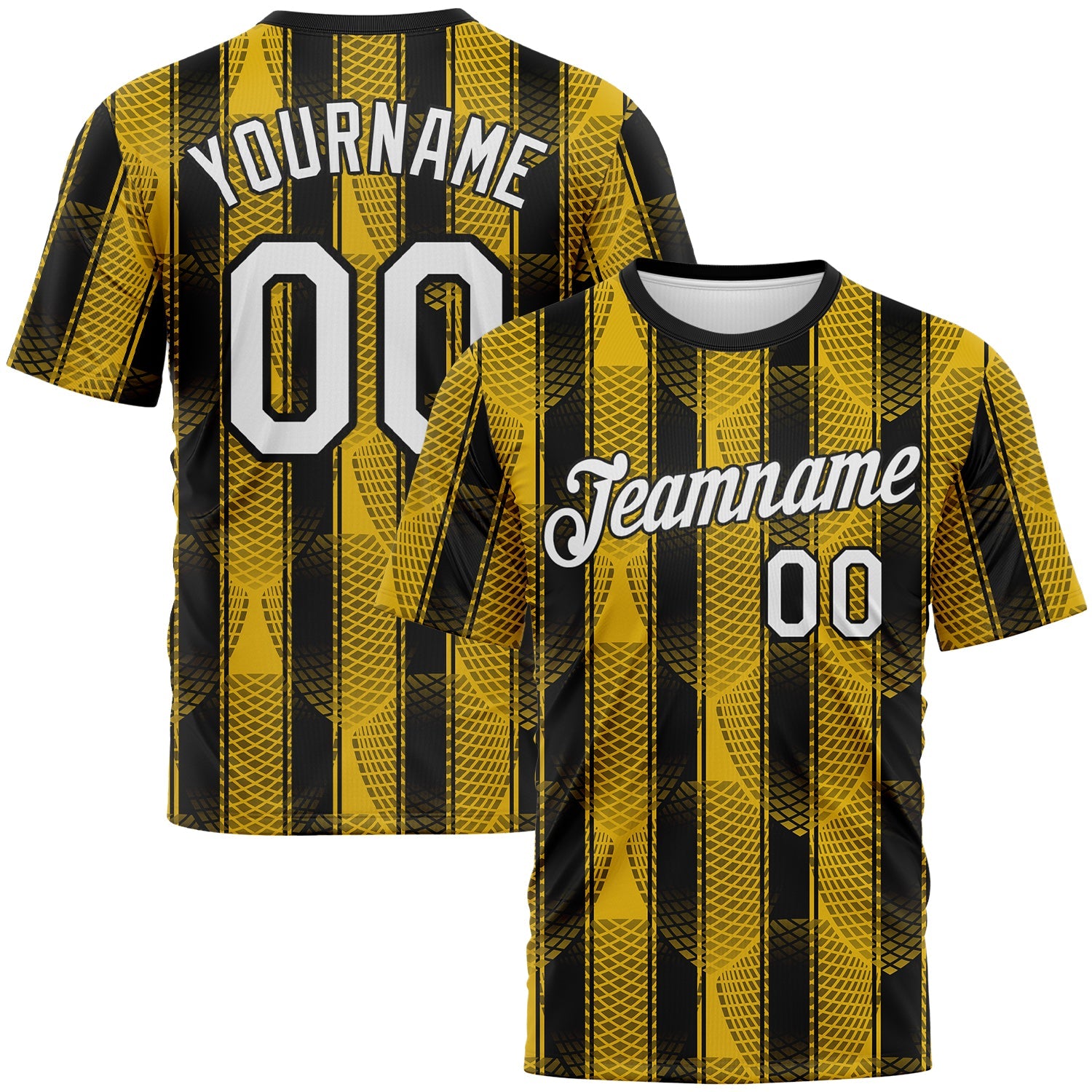 Custom Old Gold White-Black Abstract Geometric Vertical Stripe Performance T-Shirt - Main View