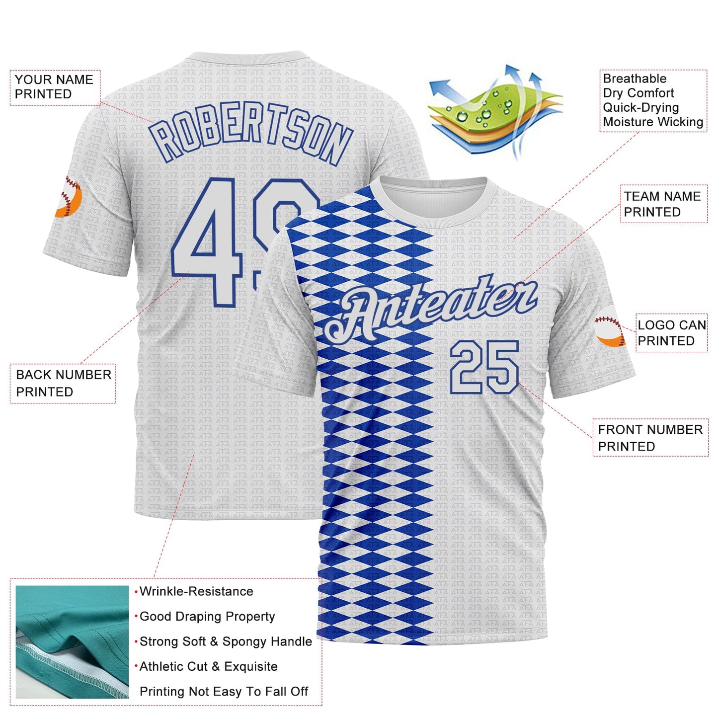 Custom White Thunder Blue-Gray Classic Argyle Diamond Performance T-Shirt view 2
