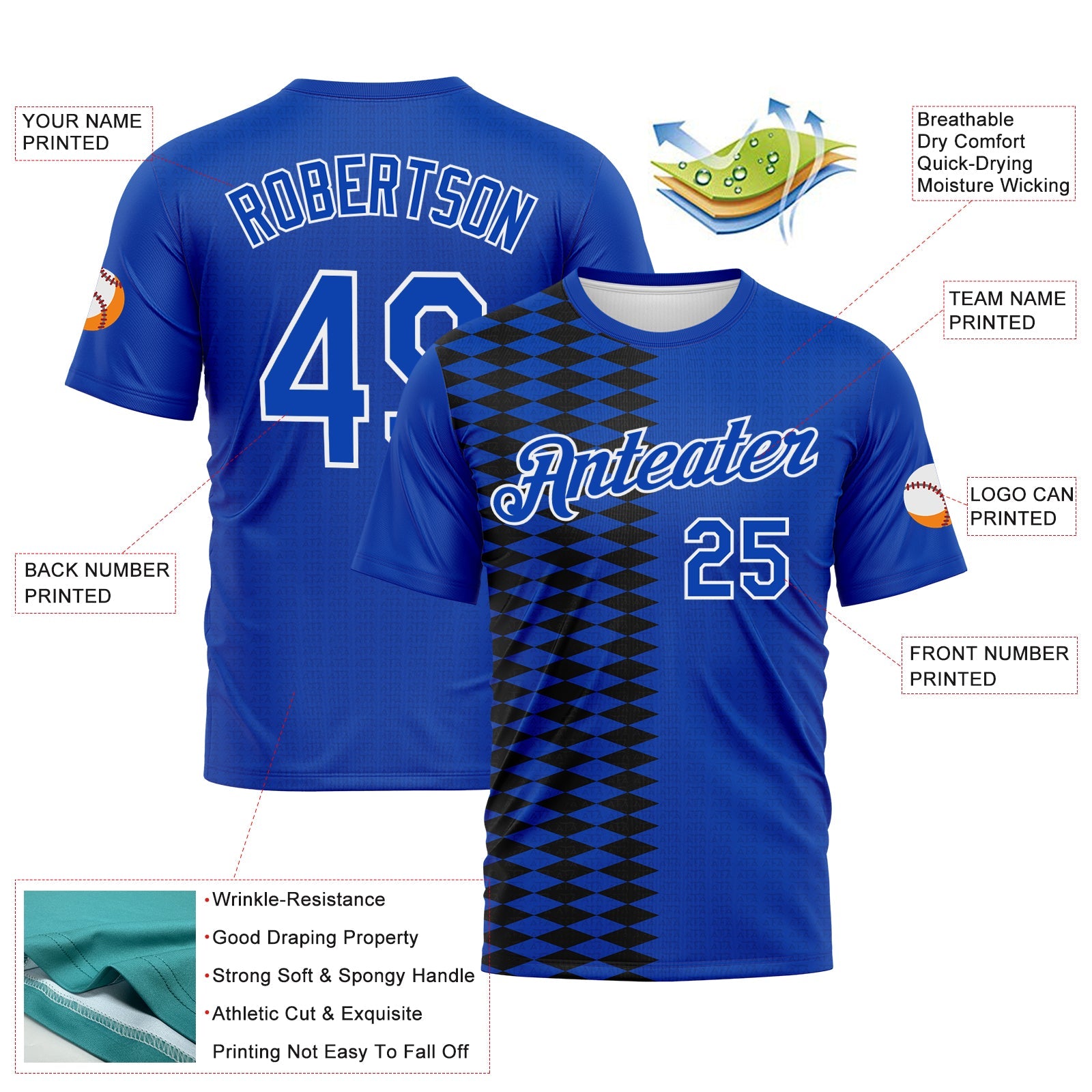 Custom Thunder Blue Black Royal-White Classic Argyle Diamond Performance T-Shirt view 2