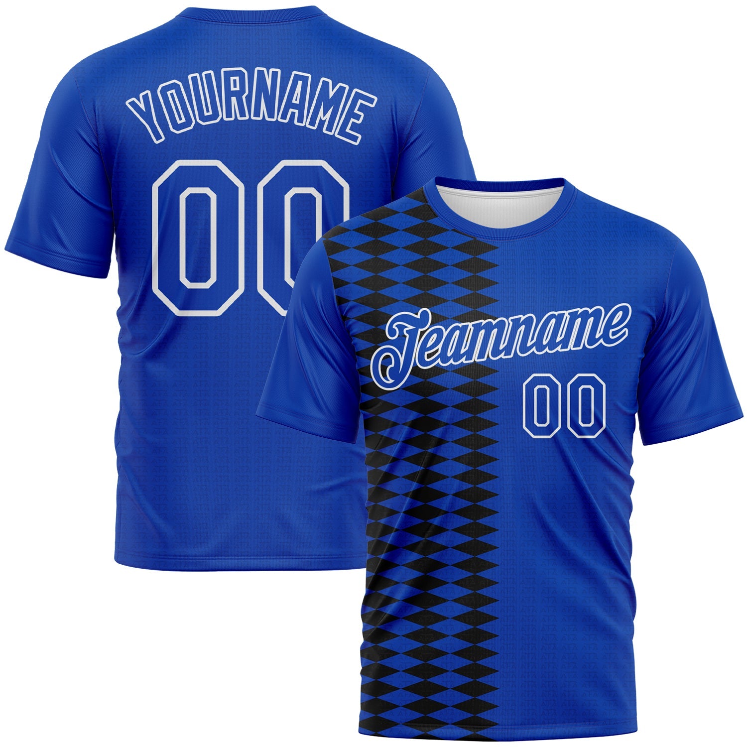Custom Thunder Blue Black Royal-White Classic Argyle Diamond Performance T-Shirt - Main View