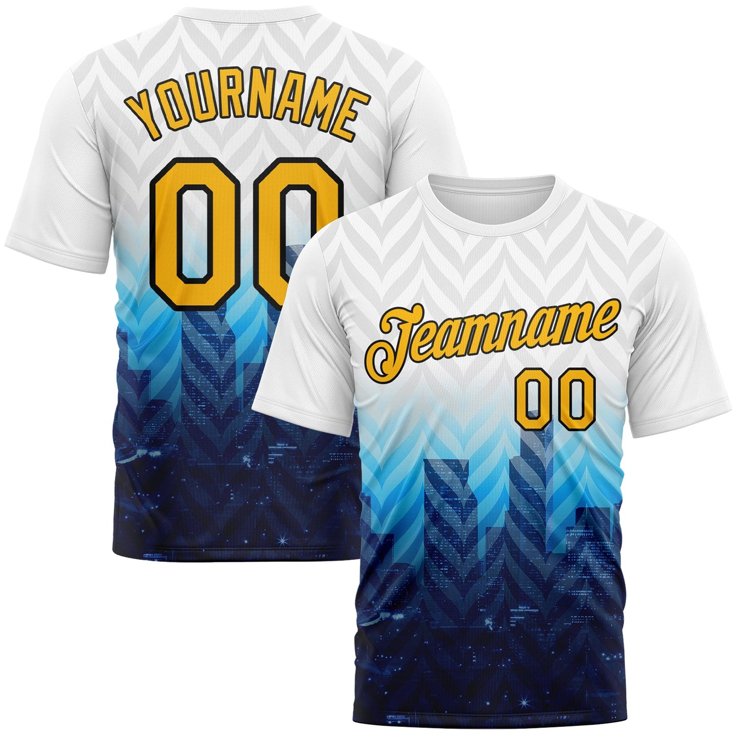 Custom White Gold Sky Blue Navy-Black City Skyline Streetwear Performance T-Shirt - Main View