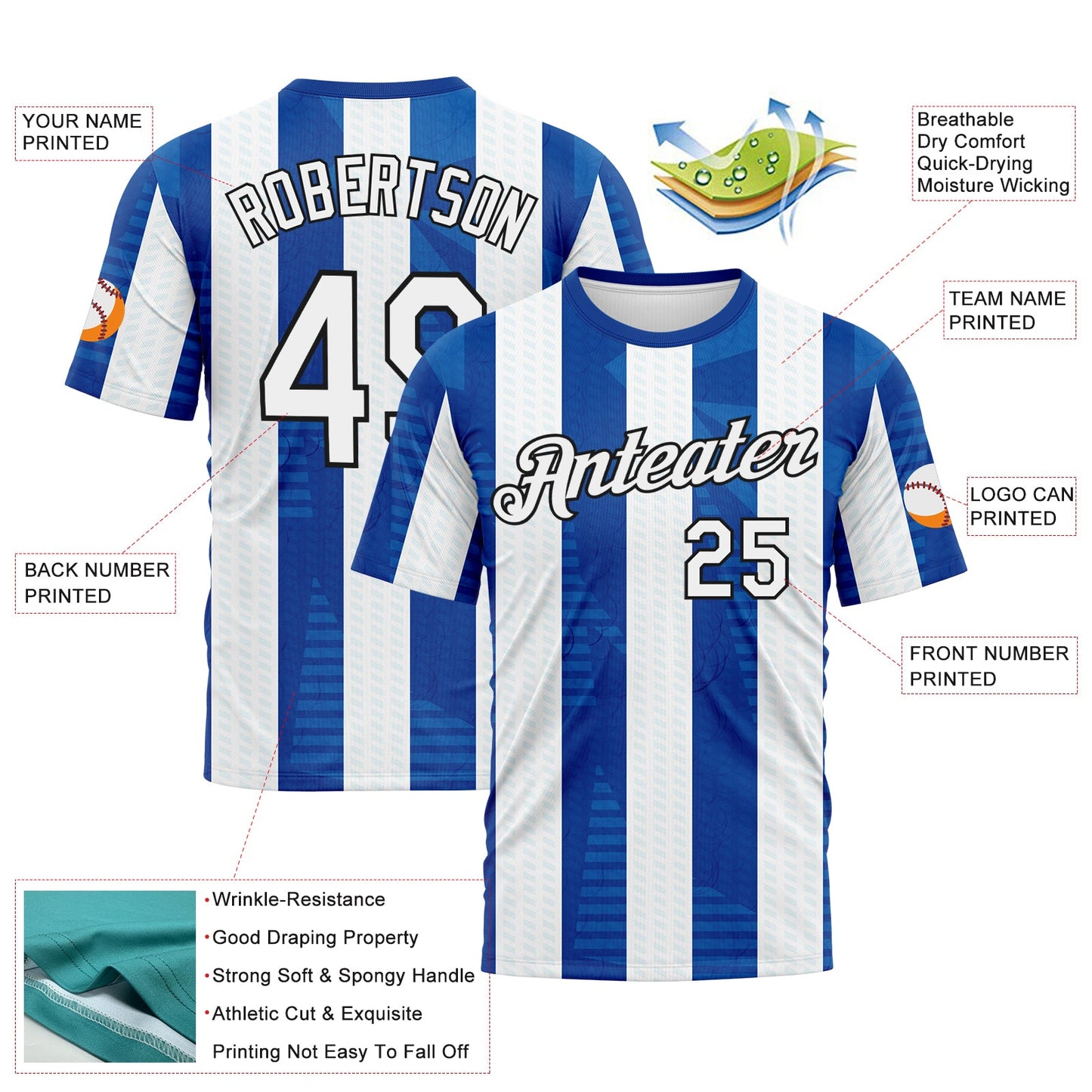 Custom Blue White-Black Vertical Stripe Vintage Style Performance T-Shirt view 2