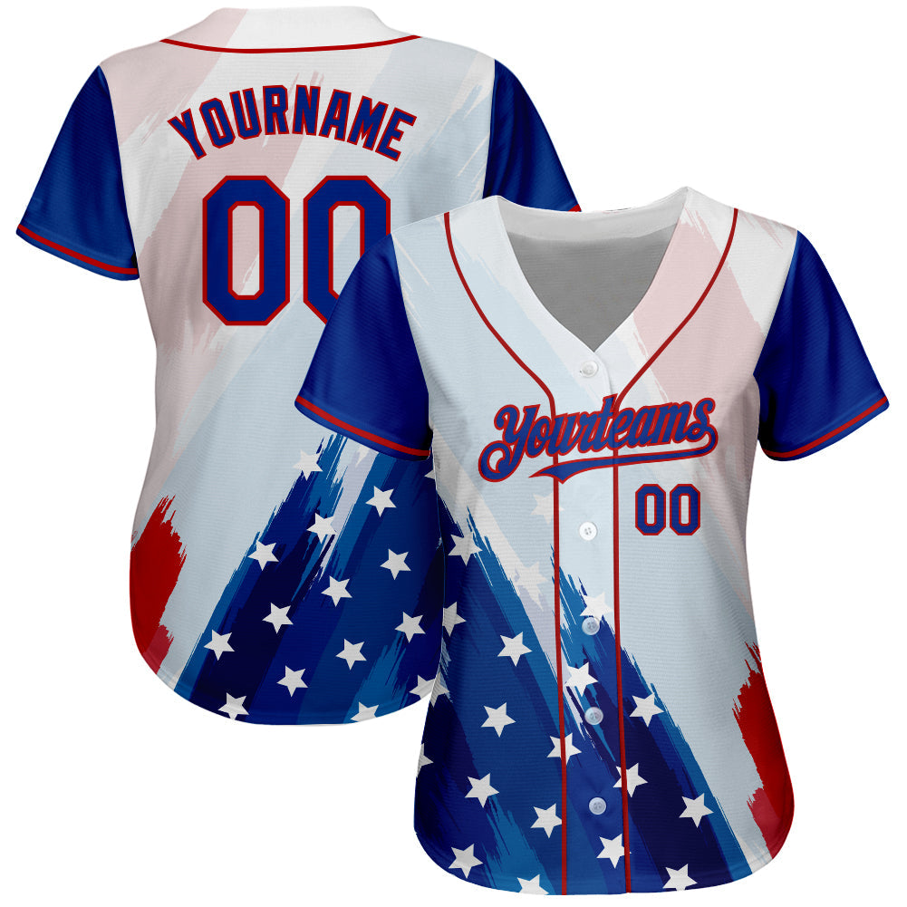 Custom White Royal-Red 3D American Flag Fashion Authentic Baseball Jersey view 2