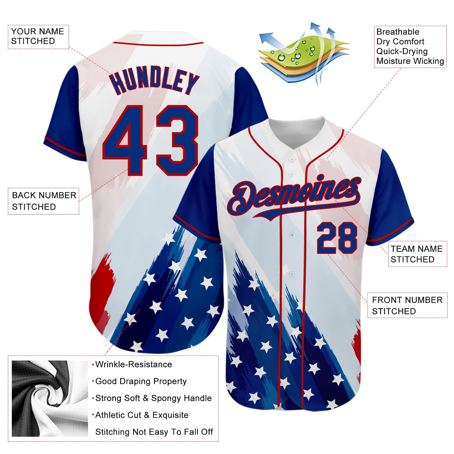 Custom White Royal-Red 3D American Flag Fashion Authentic Baseball Jersey view 3