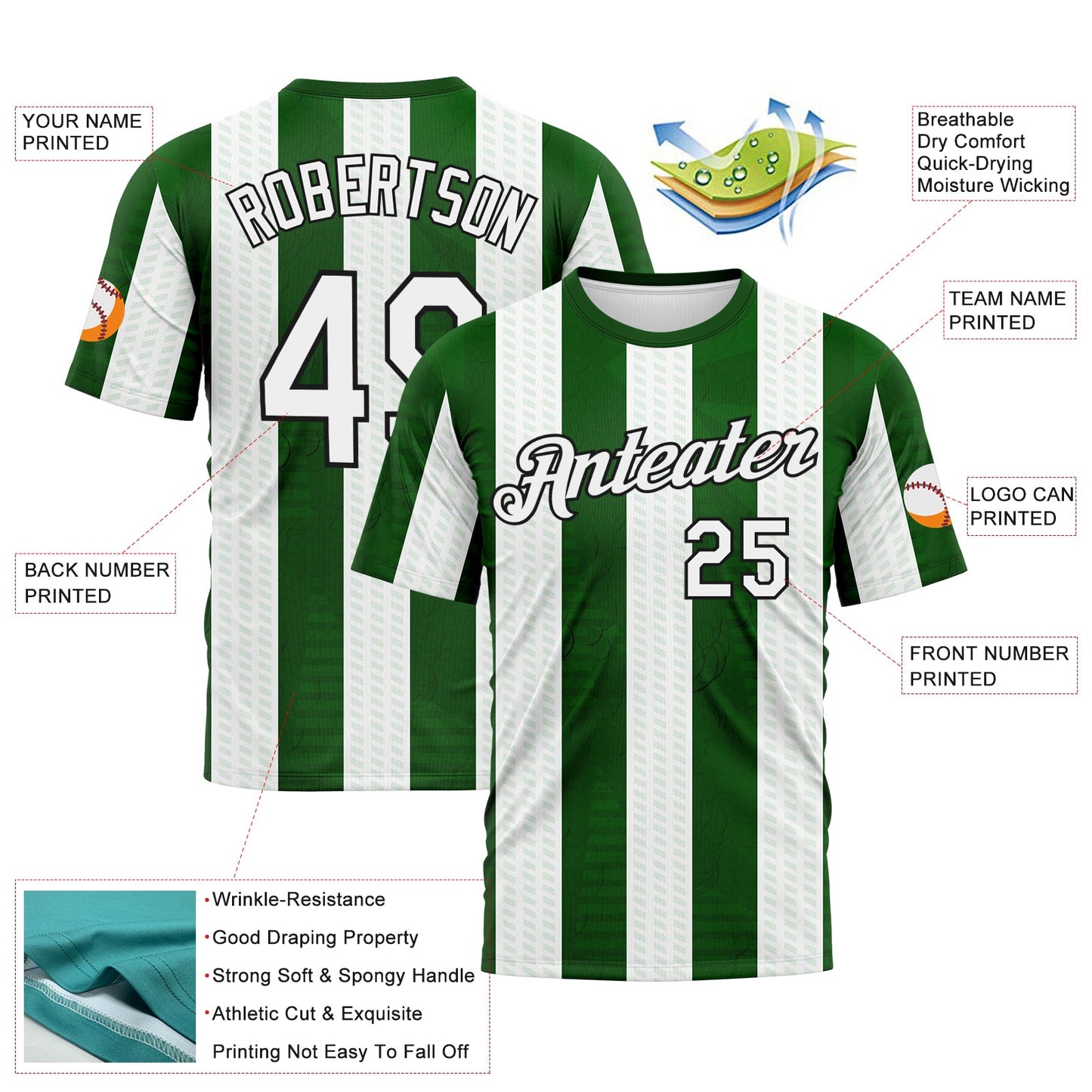 Custom Grass Green White-Black Vertical Stripe Vintage Style Performance T-Shirt view 2