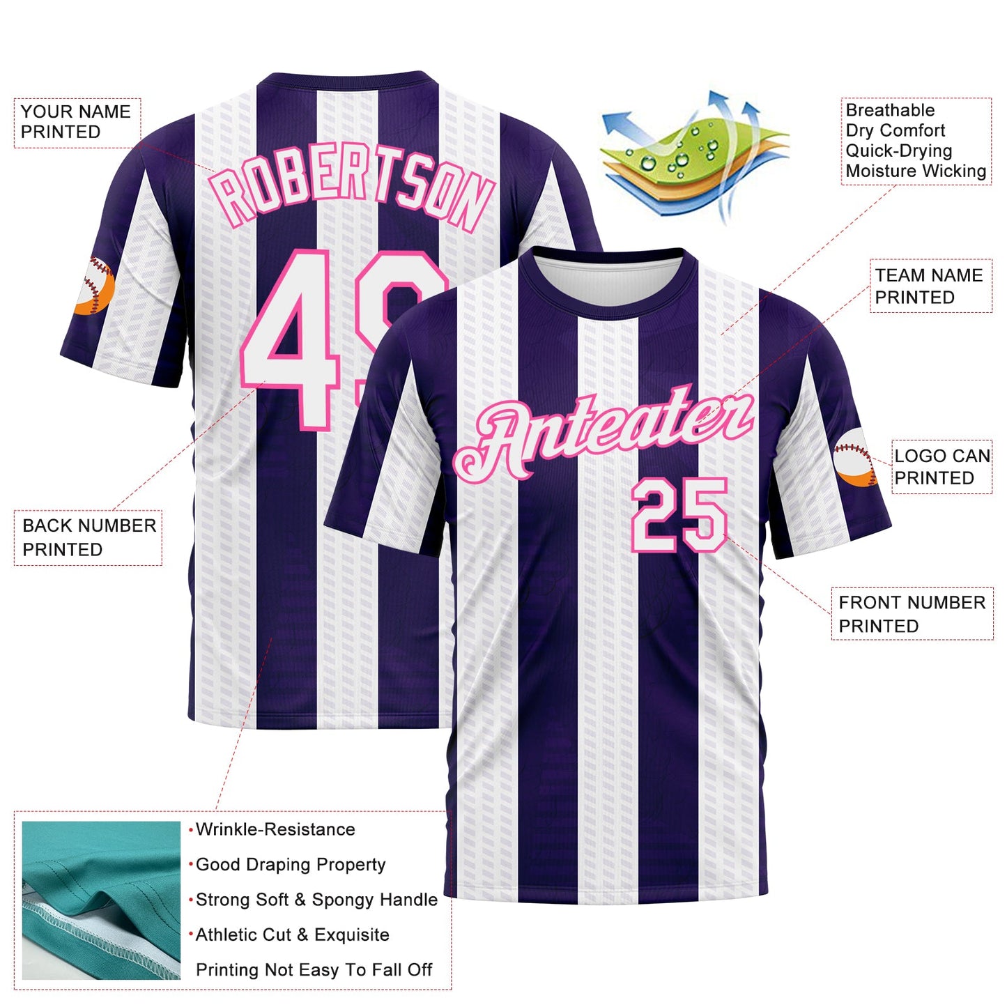 Custom Purple White-Pink Vertical Stripe Vintage Style Performance T-Shirt view 2