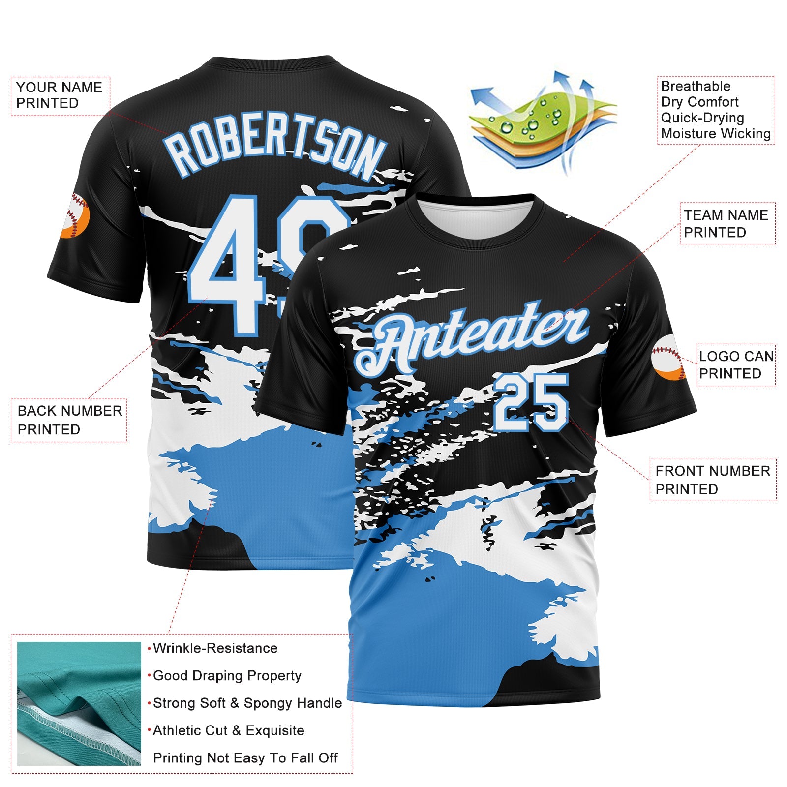 Custom Black White-Powder Blue Splash Performance T-Shirt view 2