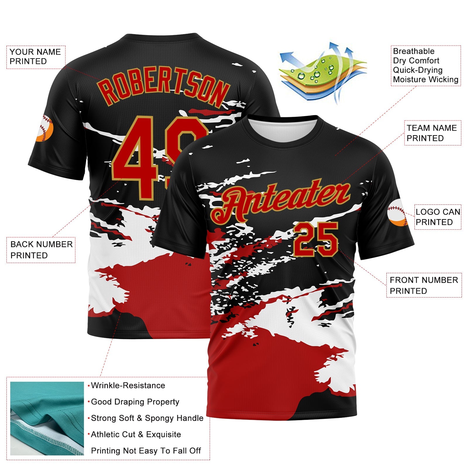 Custom Black Red White-Old Gold Splash Performance T-Shirt view 2