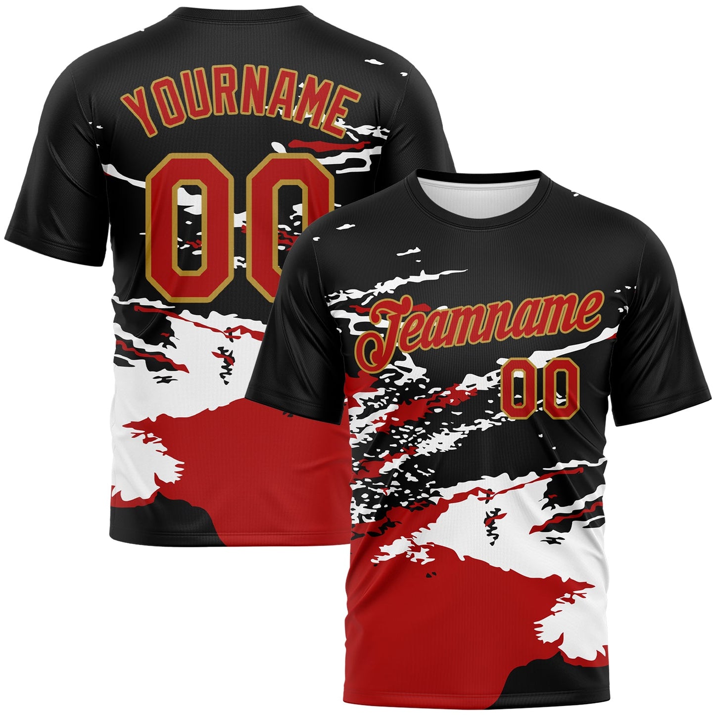 Custom Black Red White-Old Gold Splash Performance T-Shirt - Main View