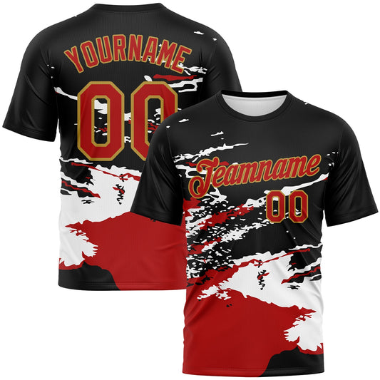 Custom Black Red White-Old Gold Splash Performance T-Shirt - Main View