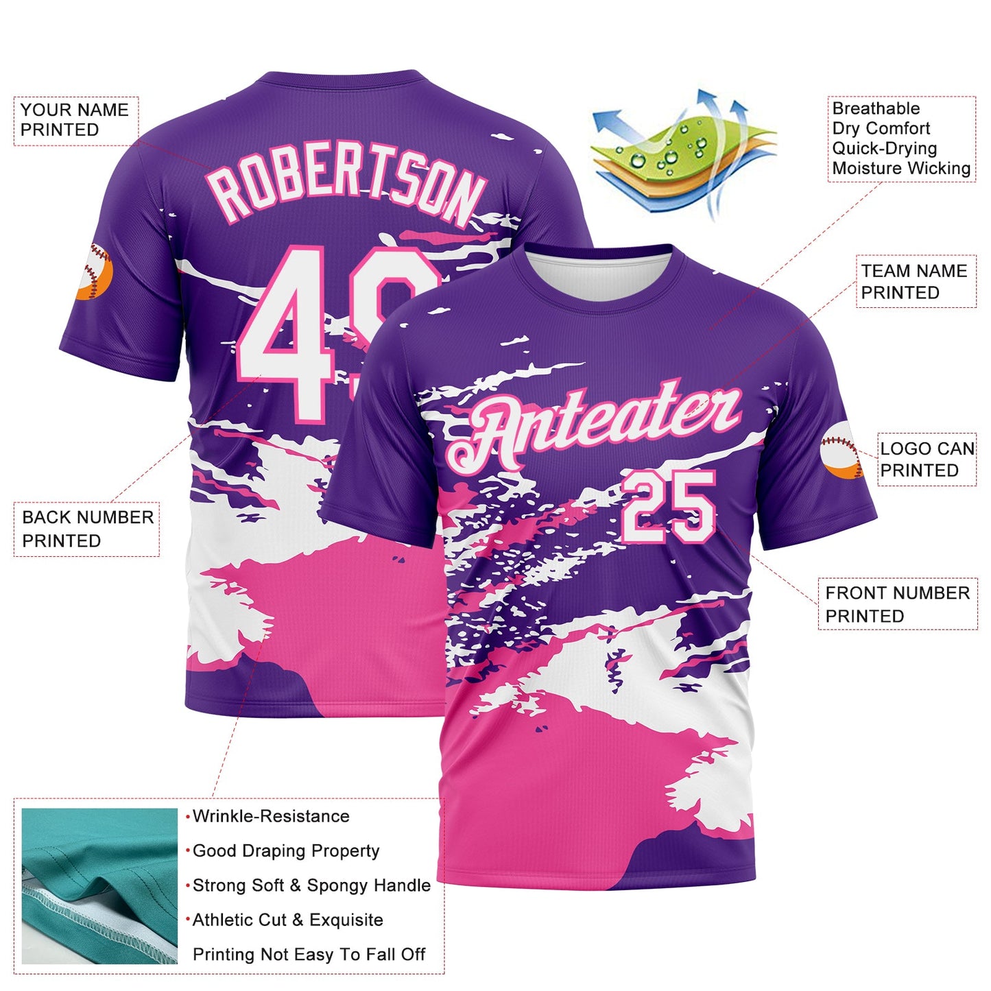 Custom Purple White-Pink Splash Performance T-Shirt view 2