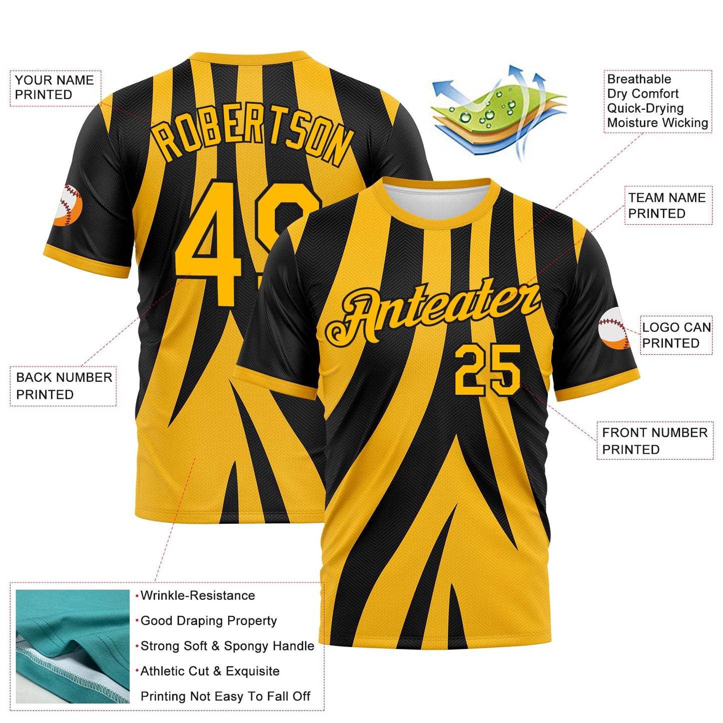 Custom Black-Gold Jagged Stripe Abstract Geometric Performance T-Shirt view 2