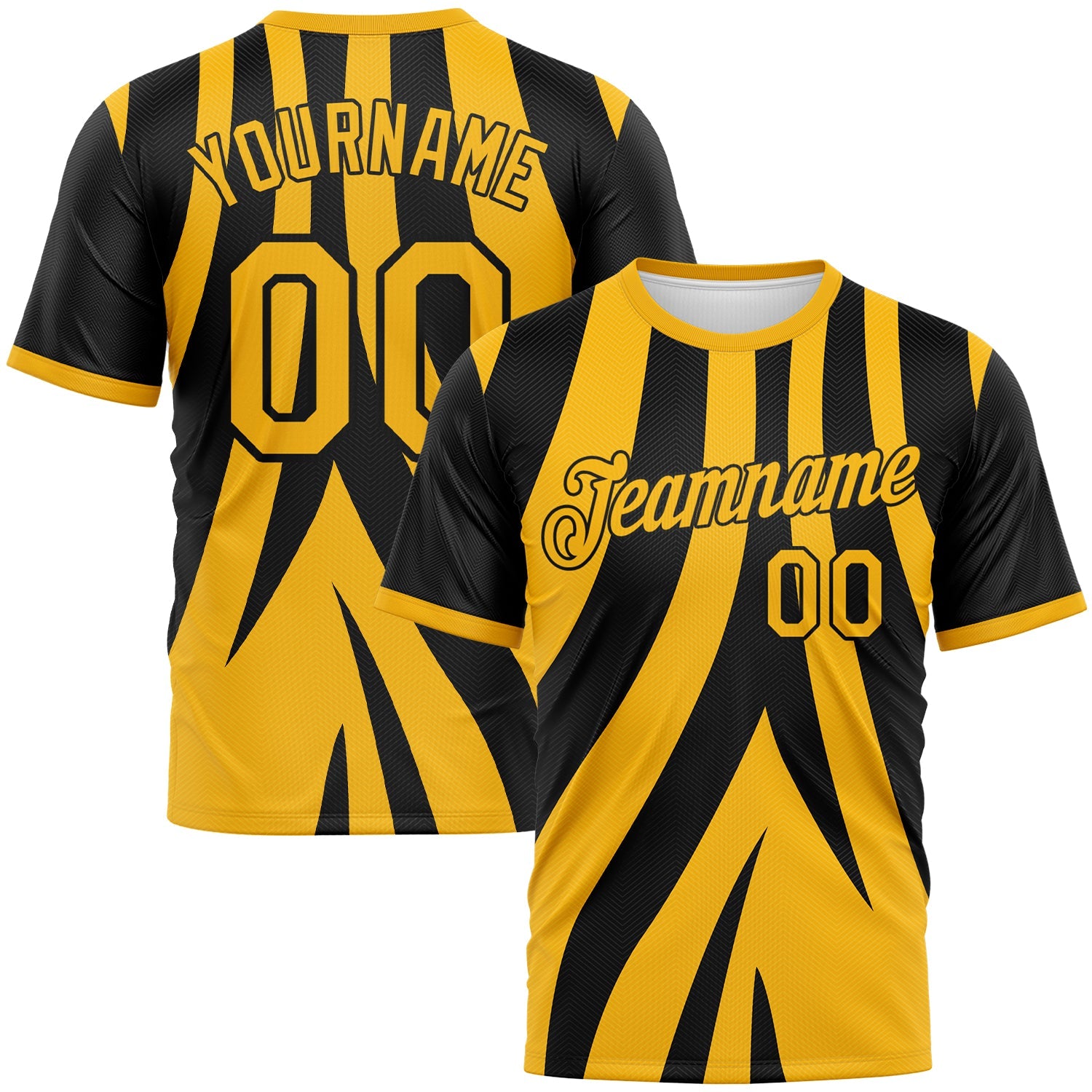 Custom Black-Gold Jagged Stripe Abstract Geometric Performance T-Shirt - Main View