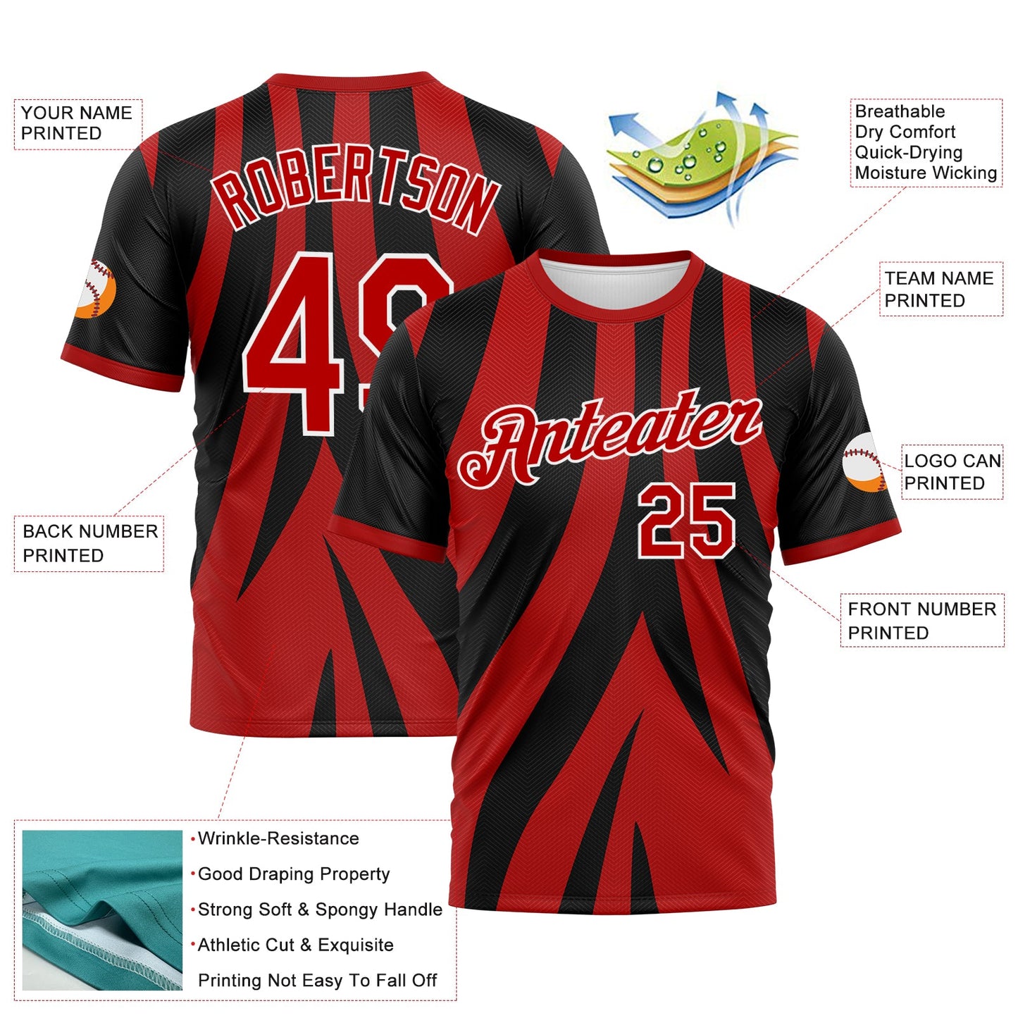 Custom Black Red-White Jagged Stripe Abstract Geometric Performance T-Shirt view 2