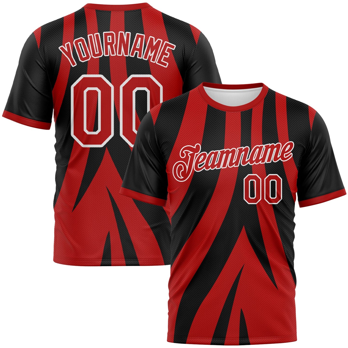 Custom Black Red-White Jagged Stripe Abstract Geometric Performance T-Shirt - Main View