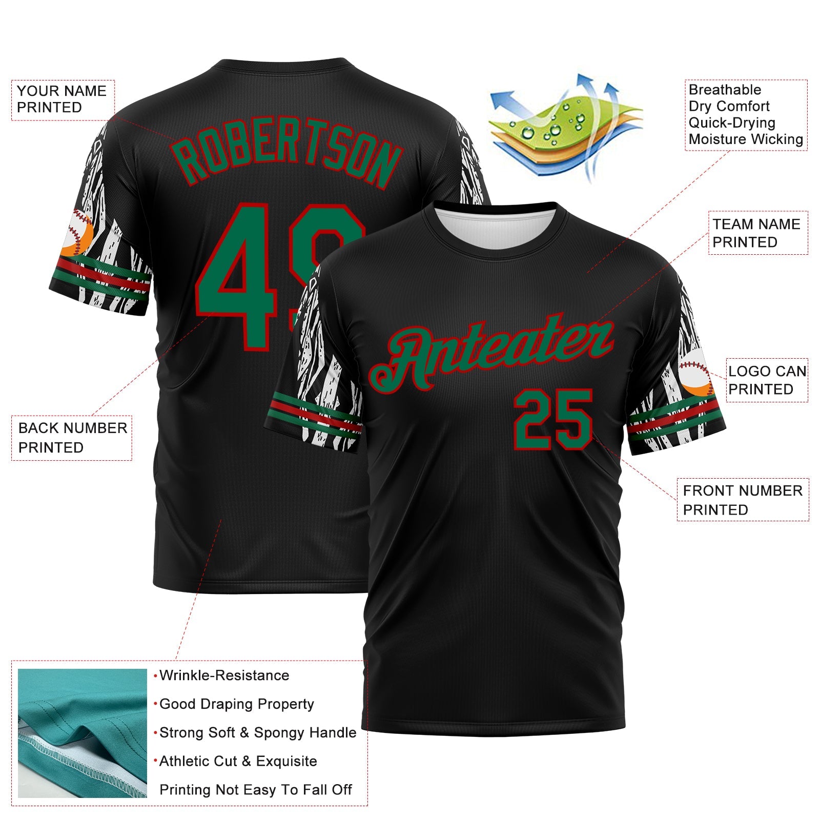 Custom Black Kelly Green-Red Zebra Performance T-Shirt view 2