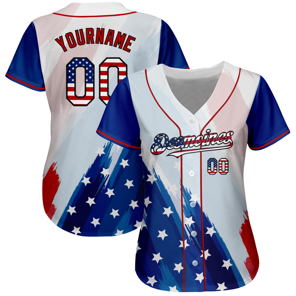 Custom White USA Flag Royal Red-Black 3D American Flag Fashion Authentic Baseball Jersey view 3