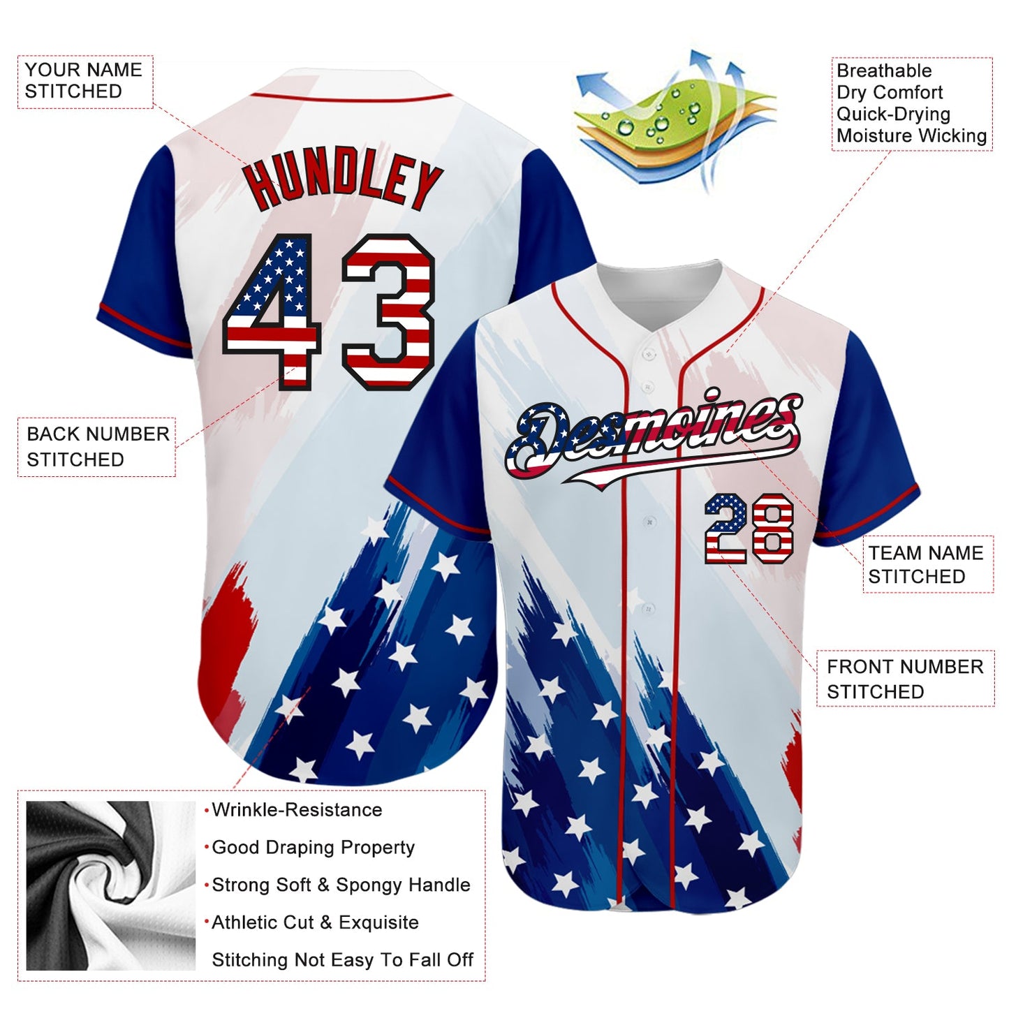 Custom White USA Flag Royal Red-Black 3D American Flag Fashion Authentic Baseball Jersey view 4
