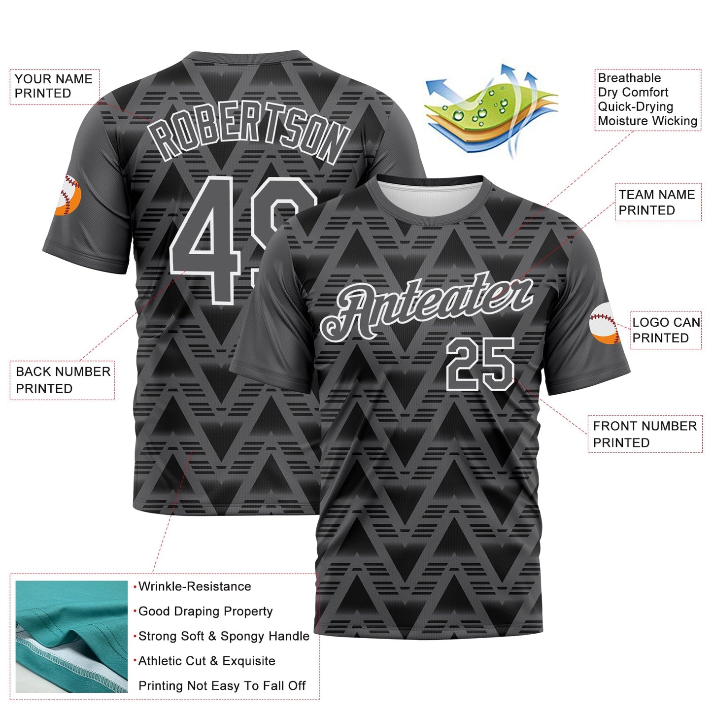 Custom Steel Gray Black-White Geometric Diamond Performance T-Shirt view 2