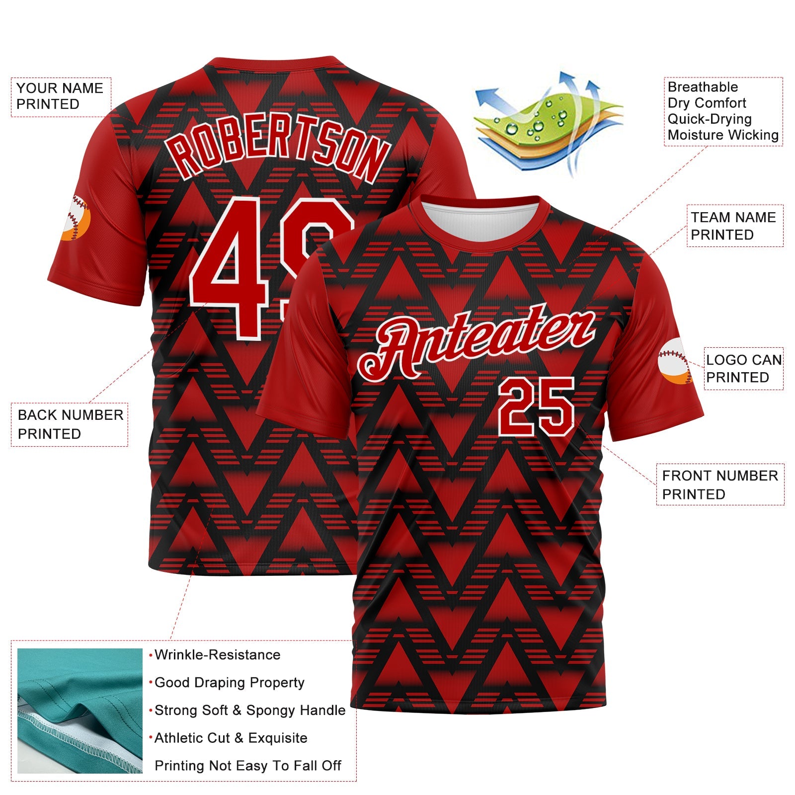 Custom Black Red-White Geometric Diamond Performance T-Shirt view 2