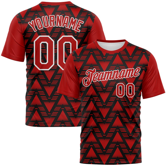 Custom Black Red-White Geometric Diamond Performance T-Shirt - Main View
