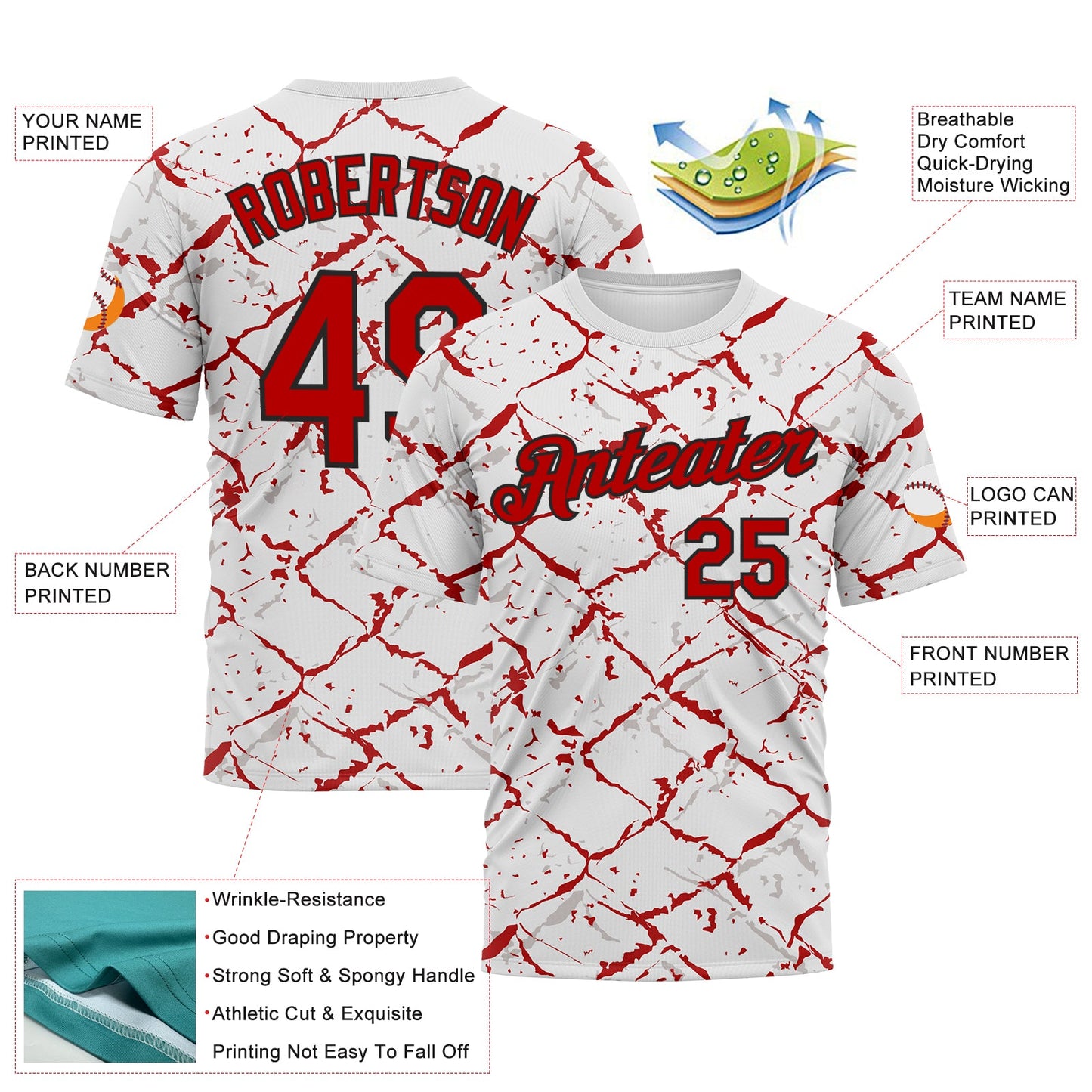 Custom White Red-Black Chain Link Cracked Performance T-Shirt view 2