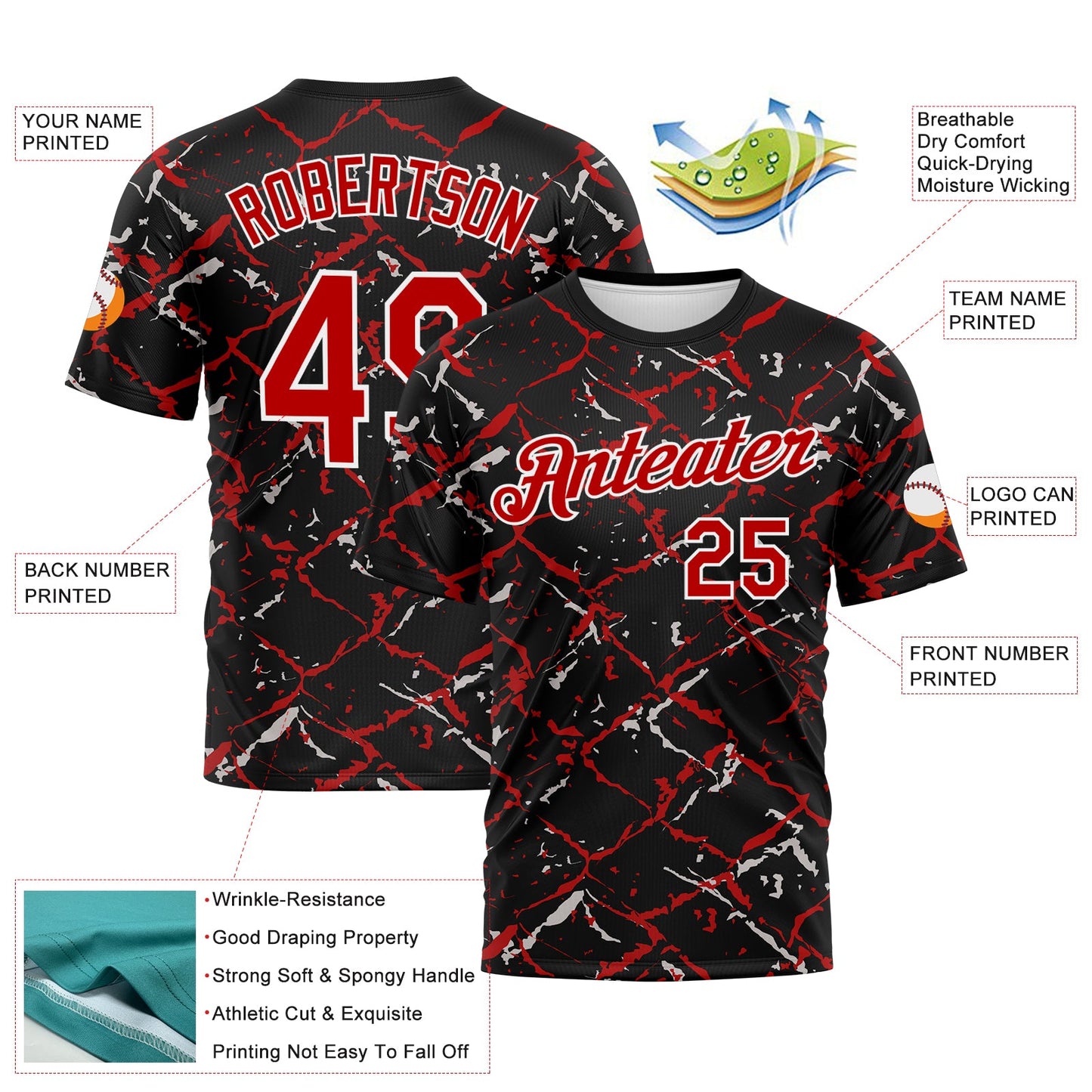 Custom Black Red-White Chain Link Cracked Performance T-Shirt view 2