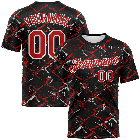Custom Black Red-White Chain Link Cracked Performance T-Shirt - Main View