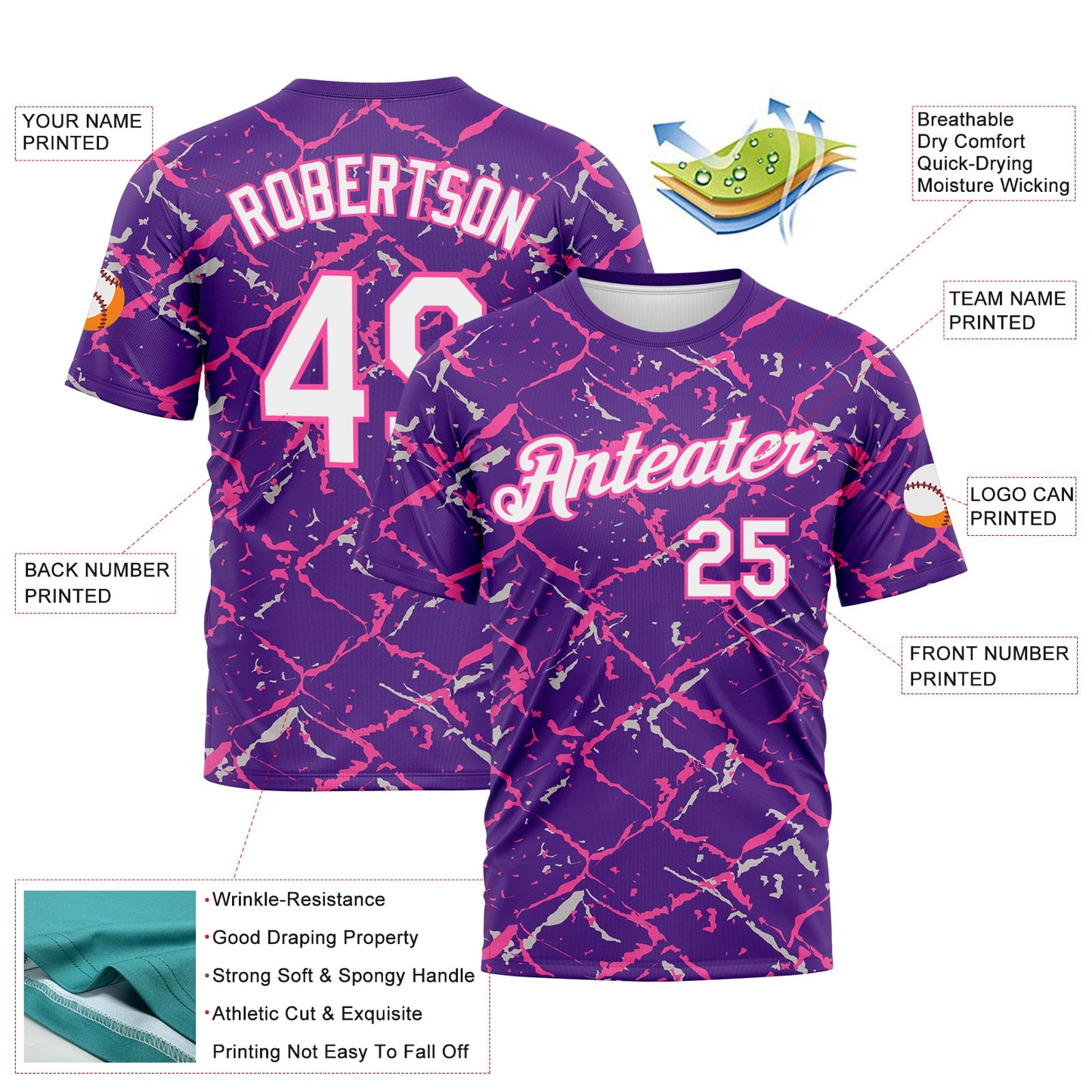 Custom Purple White-Pink Chain Link Cracked Performance T-Shirt view 2