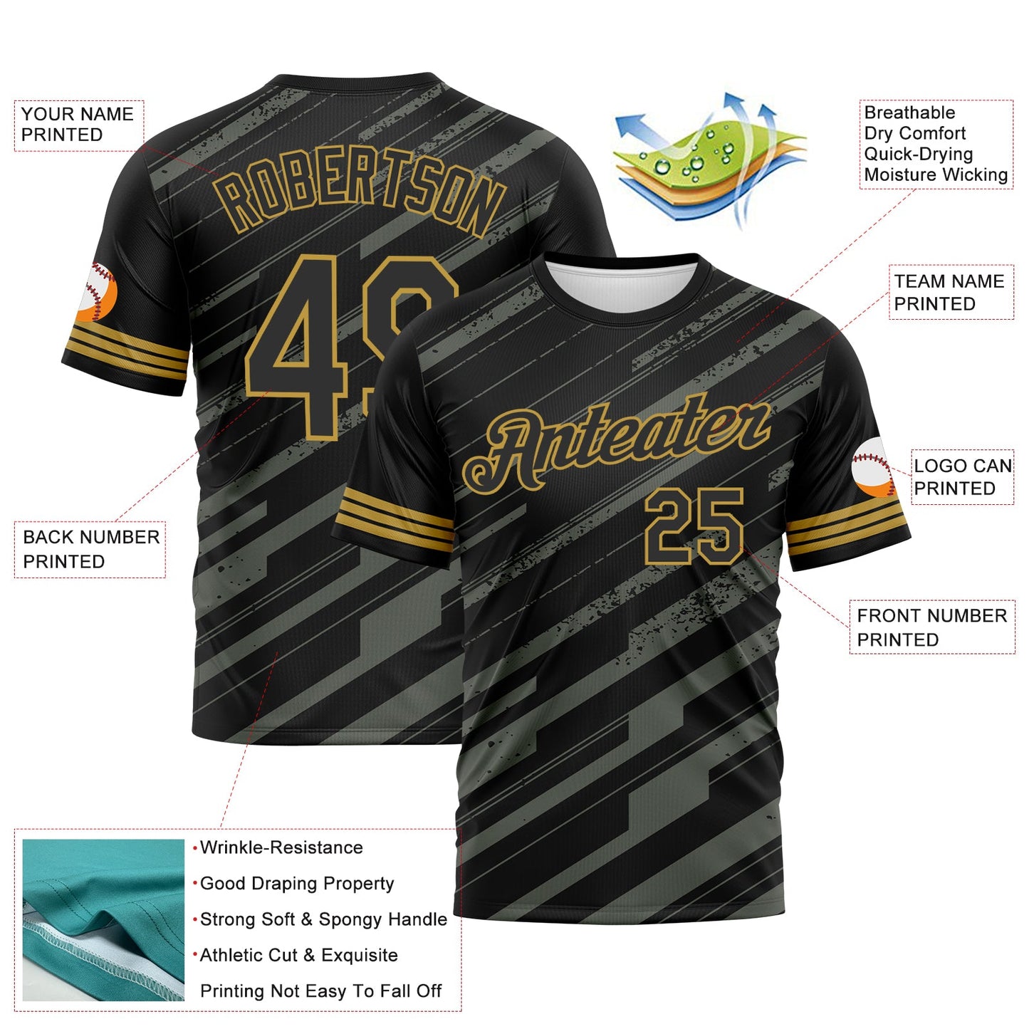 Custom Black Steel Gray-Old Gold Diagonal Stripe Speed Line Performance T-Shirt view 2
