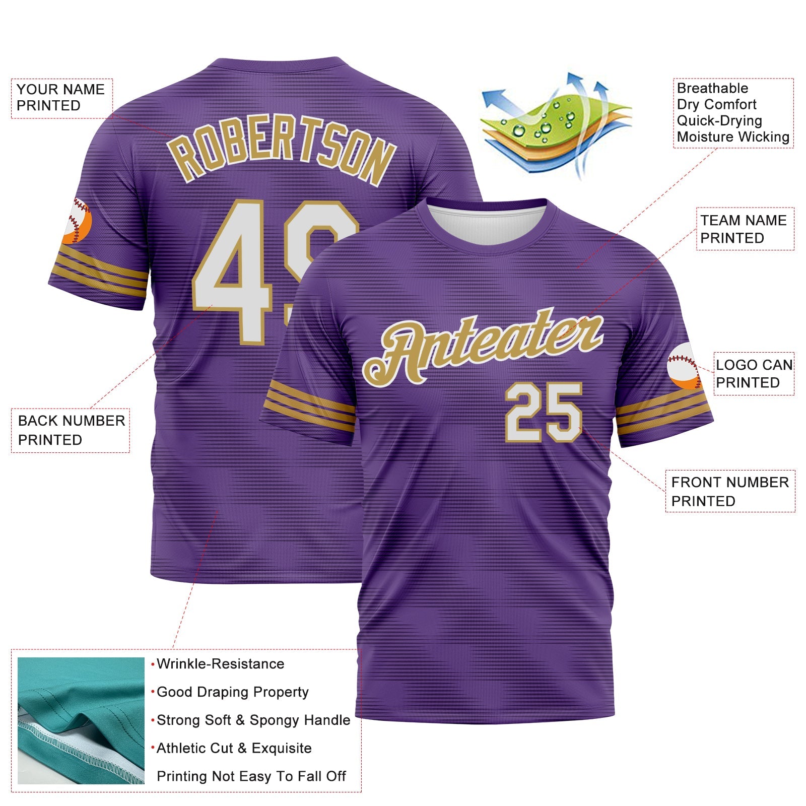 Custom Purple White-Old Gold Phantom Subtle Grid Performance T-Shirt view 2
