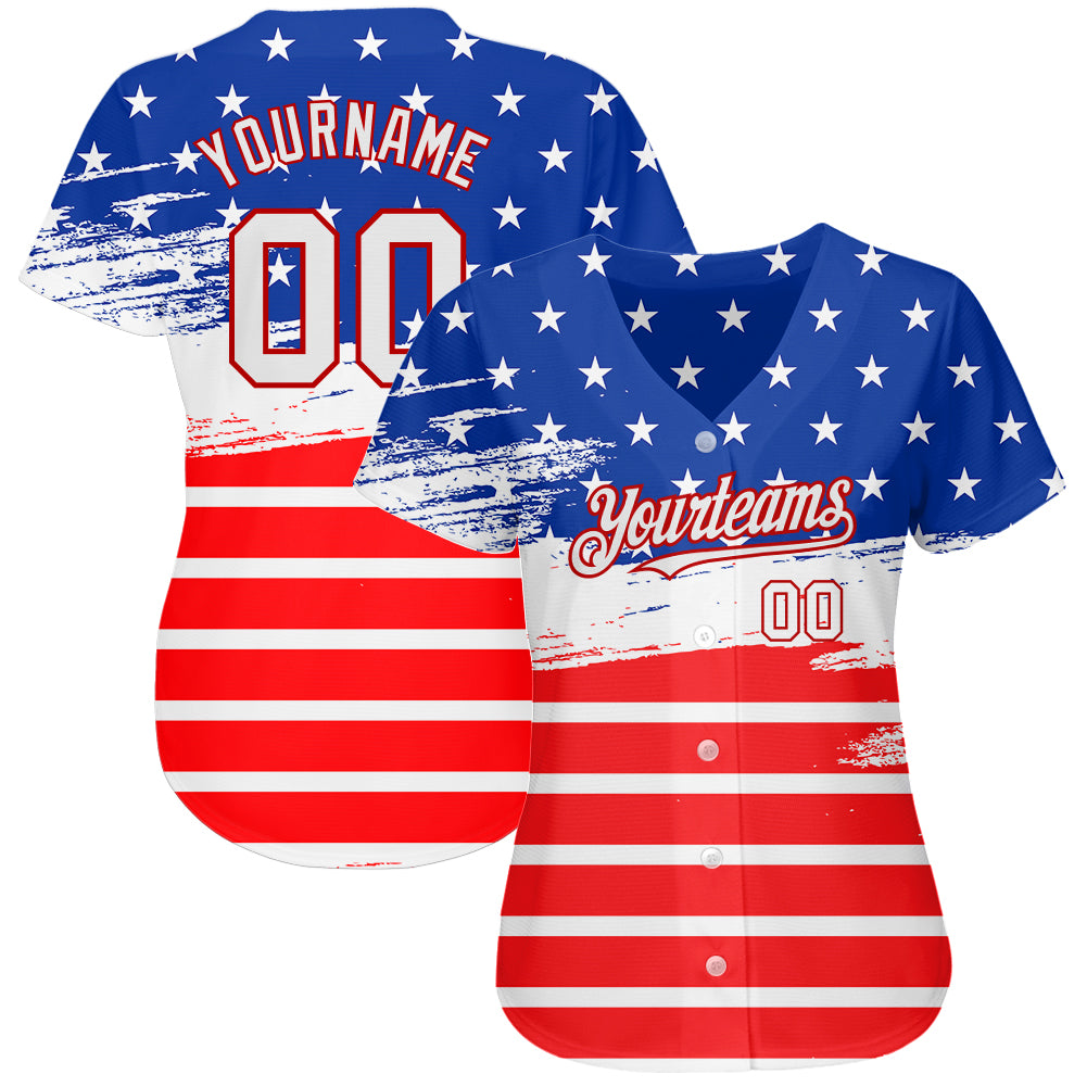 Custom Royal White-Red 3D American Flag Fashion Authentic Baseball Jersey view 2