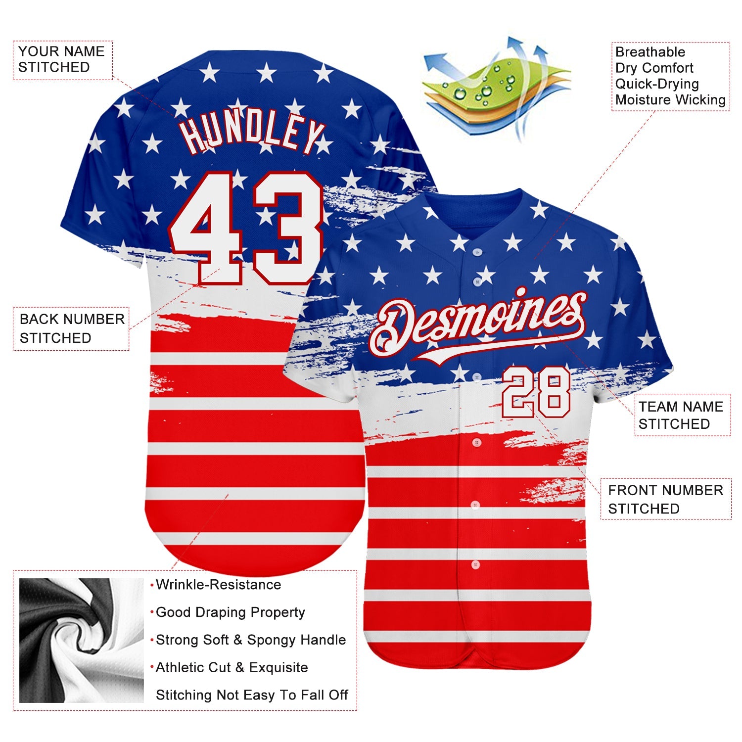 Custom Royal White-Red 3D American Flag Fashion Authentic Baseball Jersey view 3