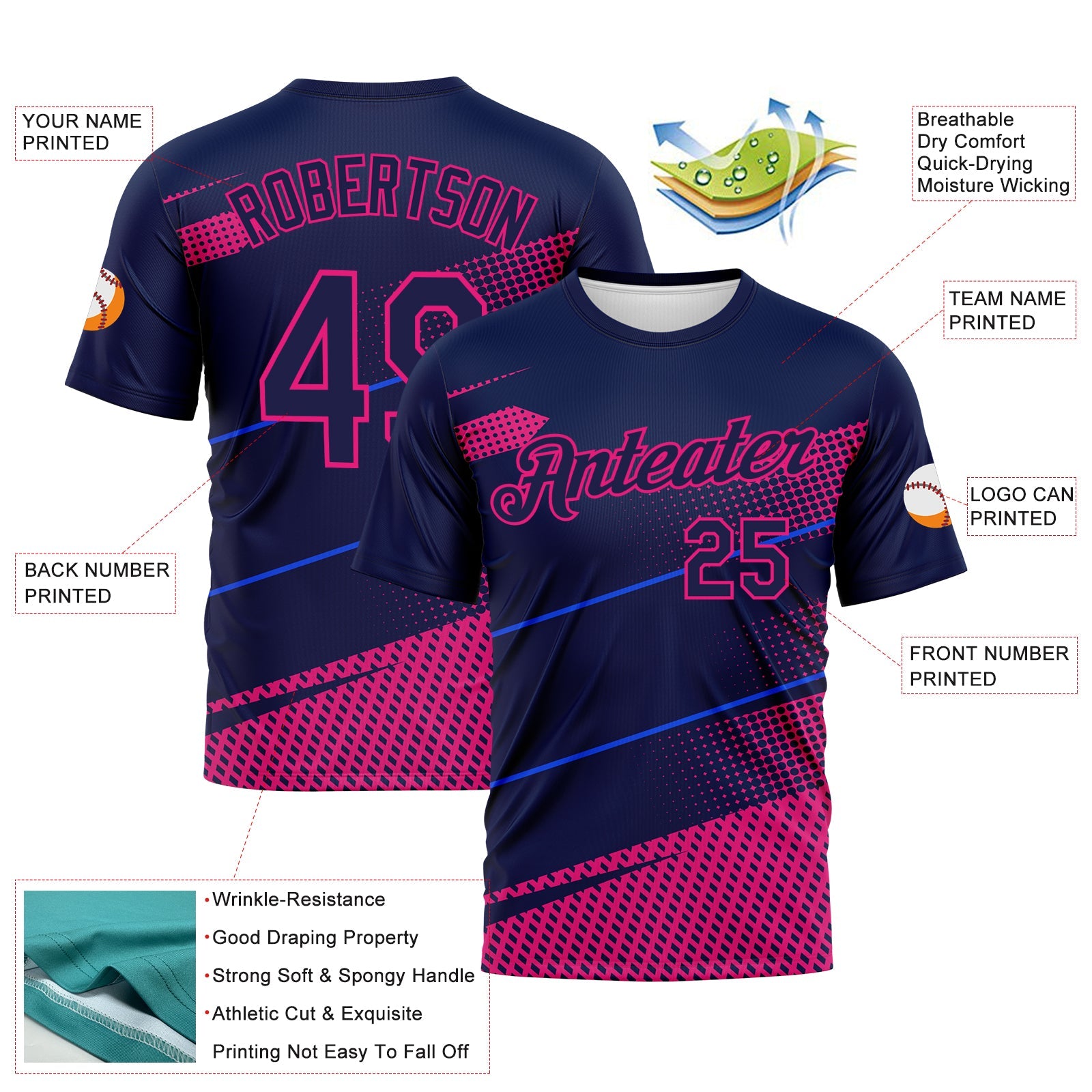 Custom Navy-Hot Pink Diagonal Stripe Halftone Performance T-Shirt view 2