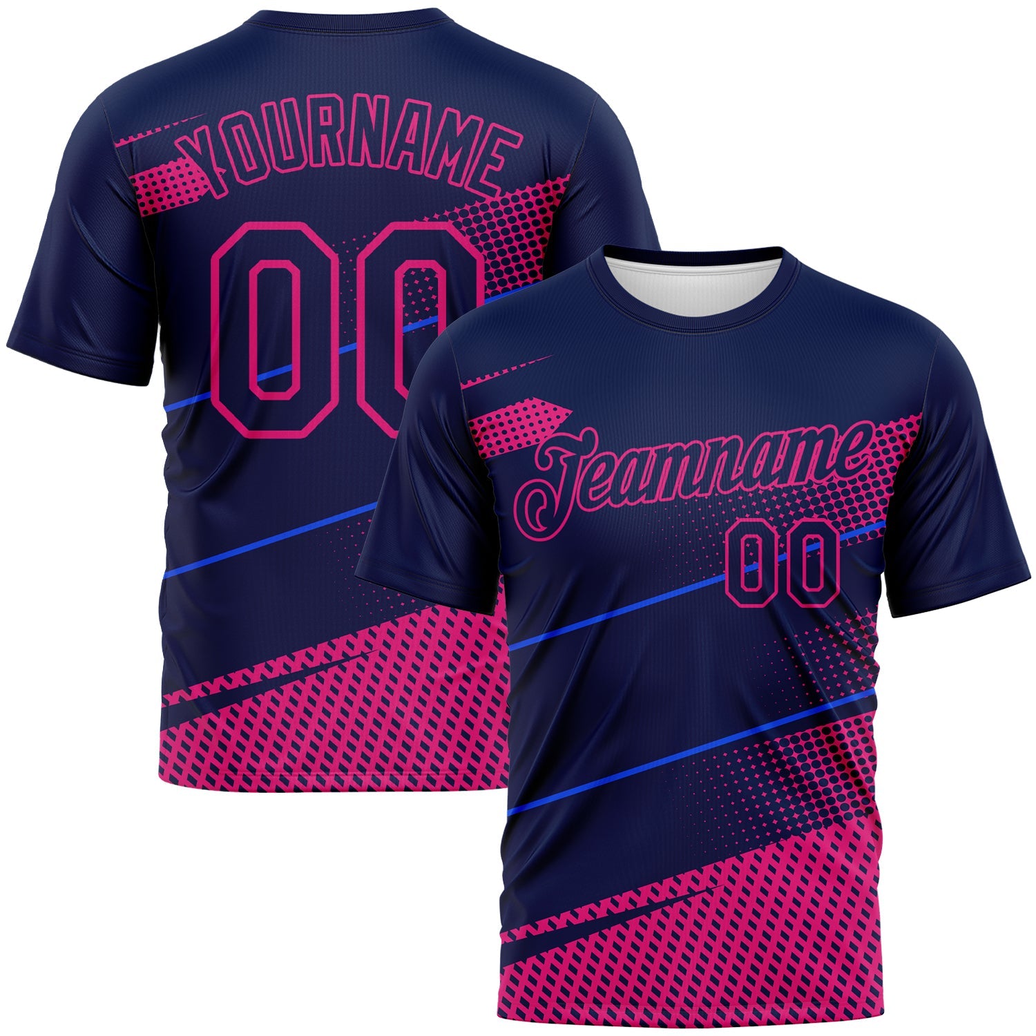 Custom Navy-Hot Pink Diagonal Stripe Halftone Performance T-Shirt - Main View