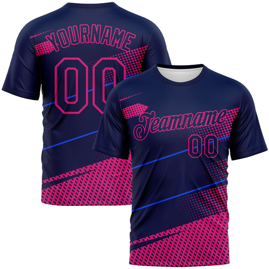 Custom Navy-Hot Pink Diagonal Stripe Halftone Performance T-Shirt - Main View