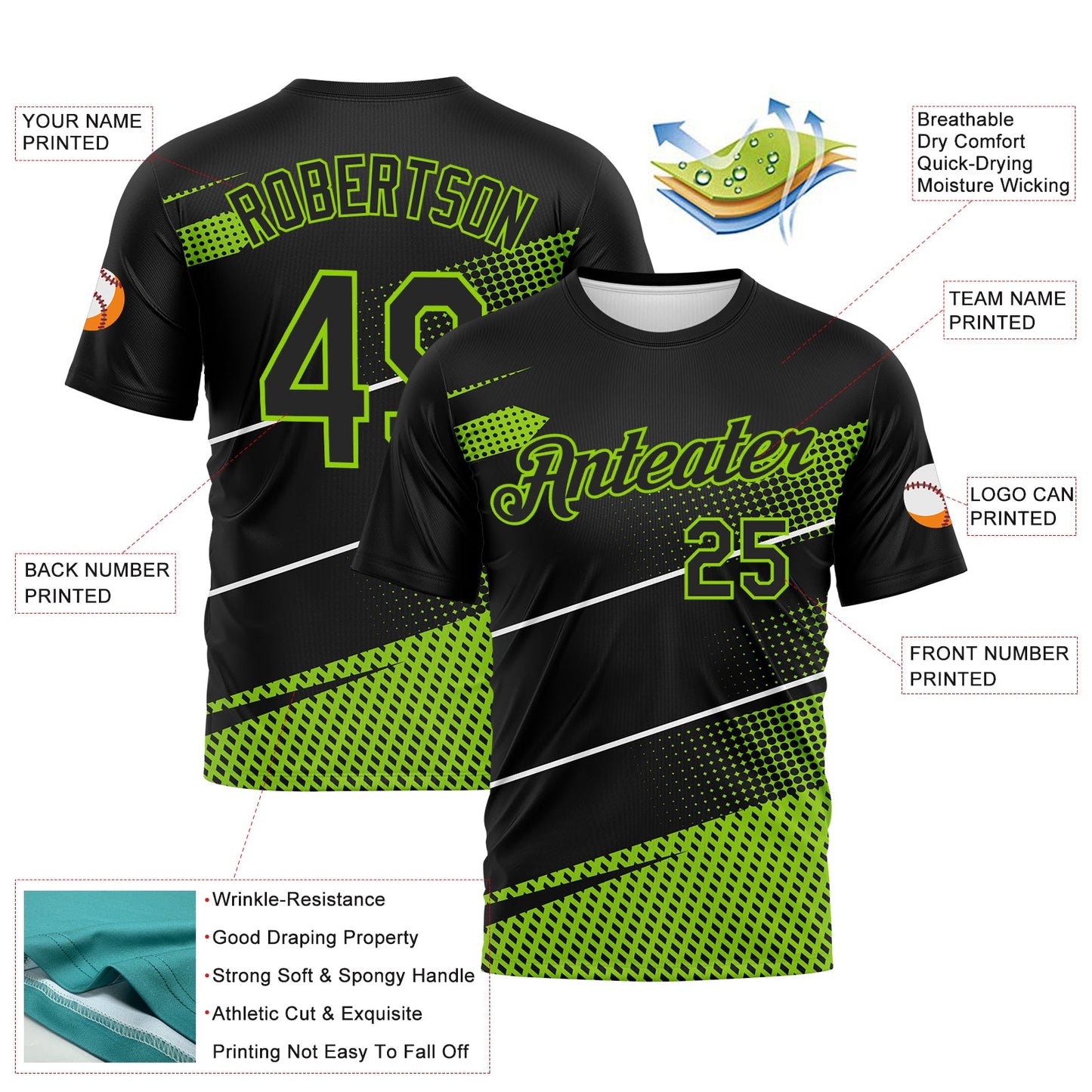 Custom Black Neon Green-White Diagonal Stripe Halftone Performance T-Shirt view 2