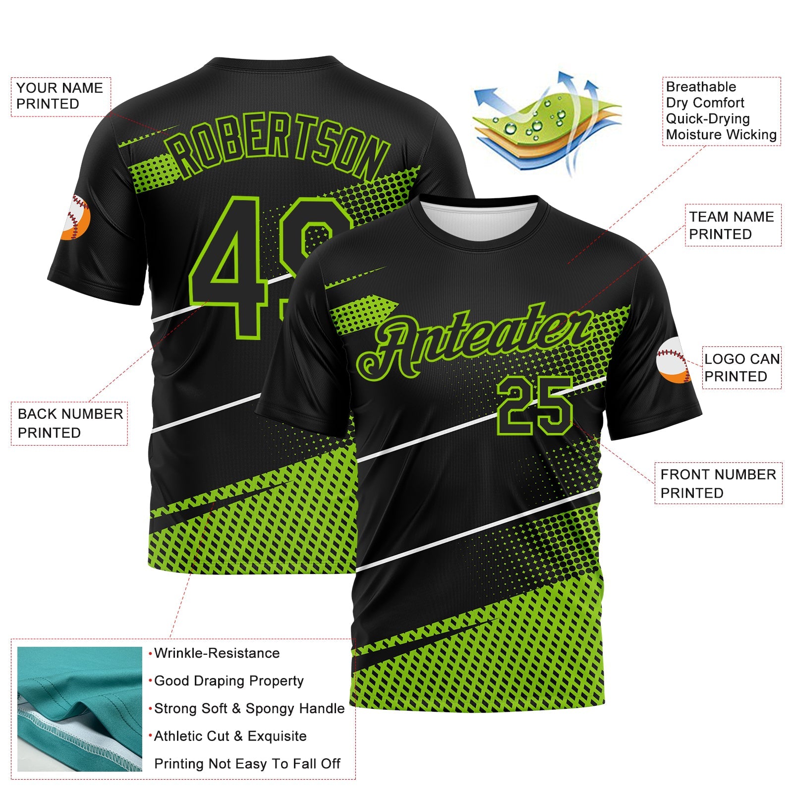 Custom Black Neon Green-White Diagonal Stripe Halftone Performance T-Shirt view 2