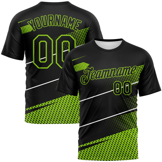 Custom Black Neon Green-White Diagonal Stripe Halftone Performance T-Shirt - Main View