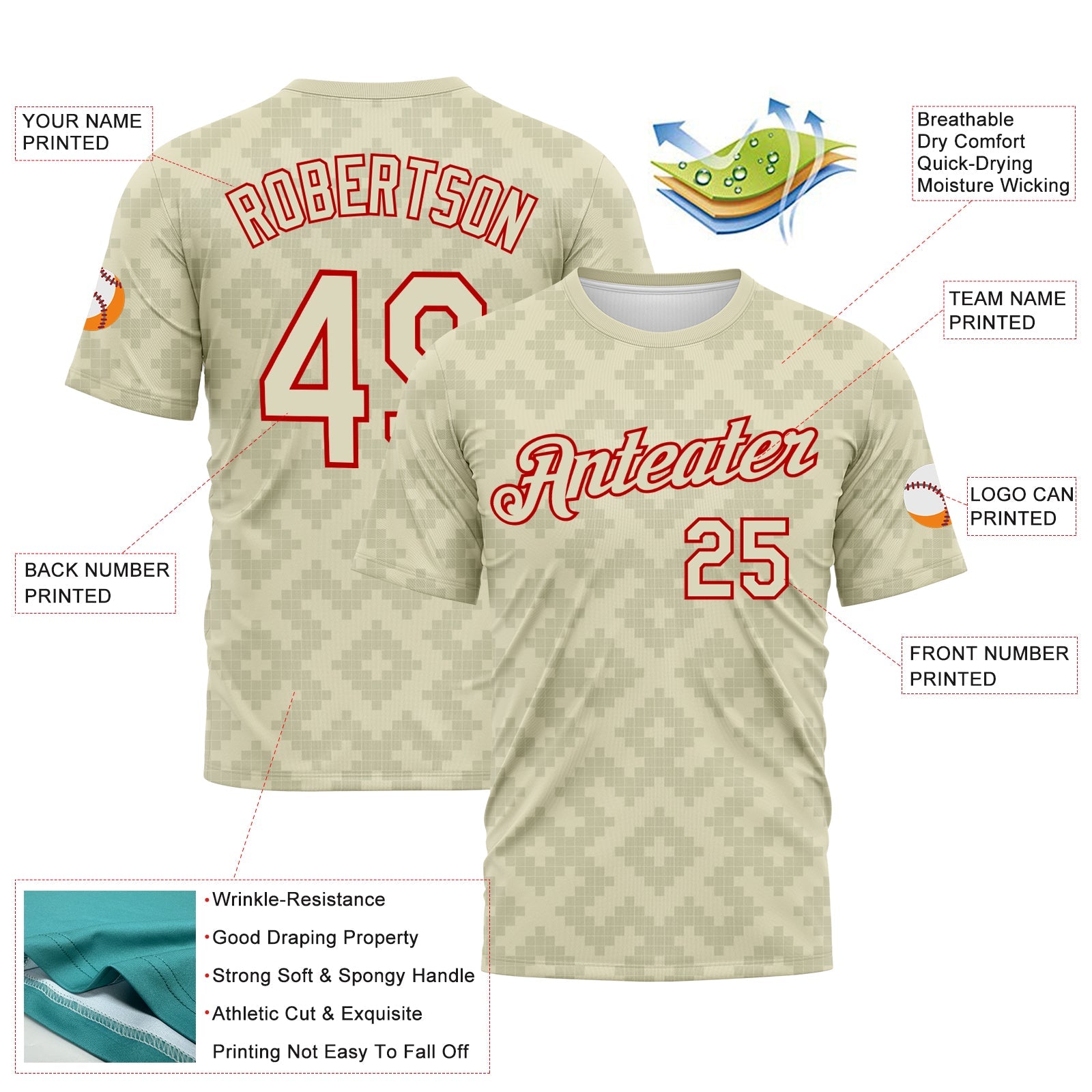 Custom City Cream-Red Geometric Diamond Subtle Grid Performance T-Shirt view 2