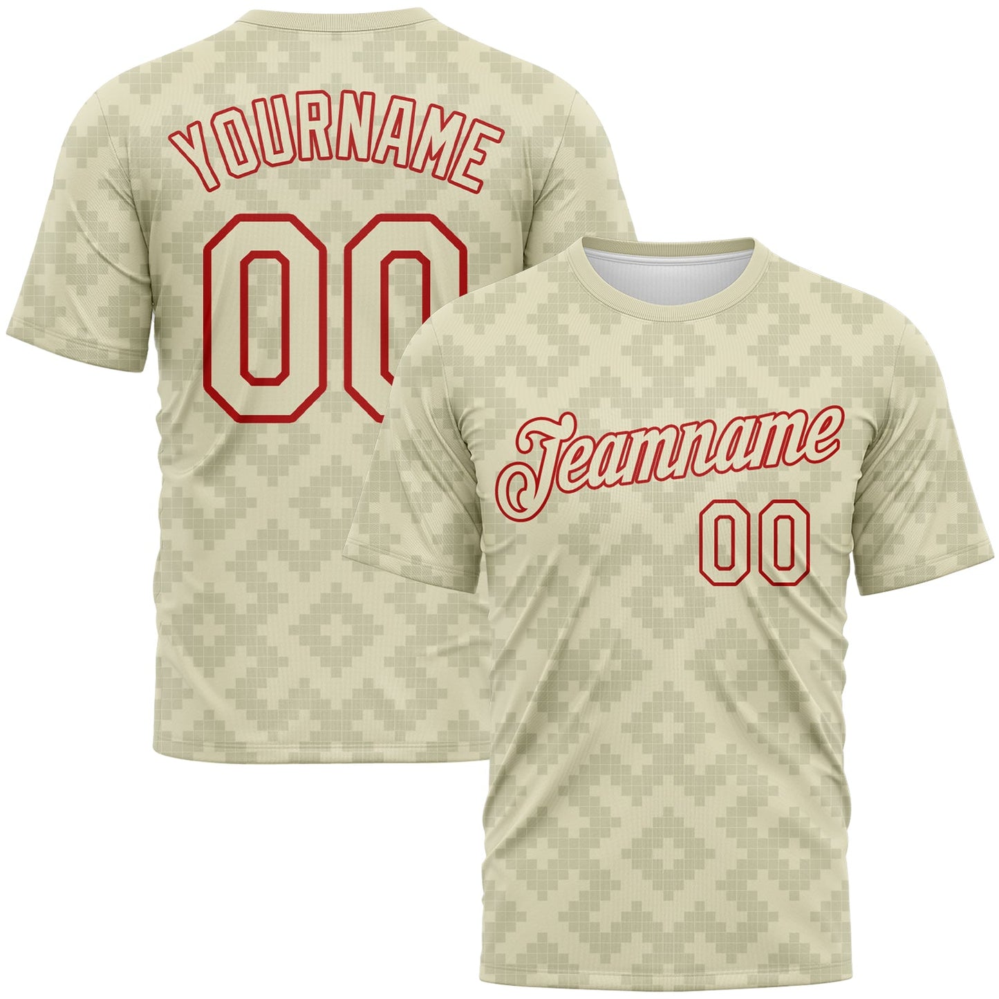 Custom City Cream-Red Geometric Diamond Subtle Grid Performance T-Shirt - Main View